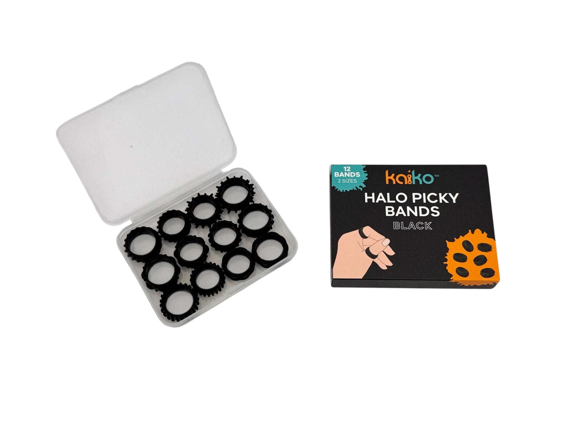Black Kaiko Halo Picky Bands in a clear container with packaging on a white background