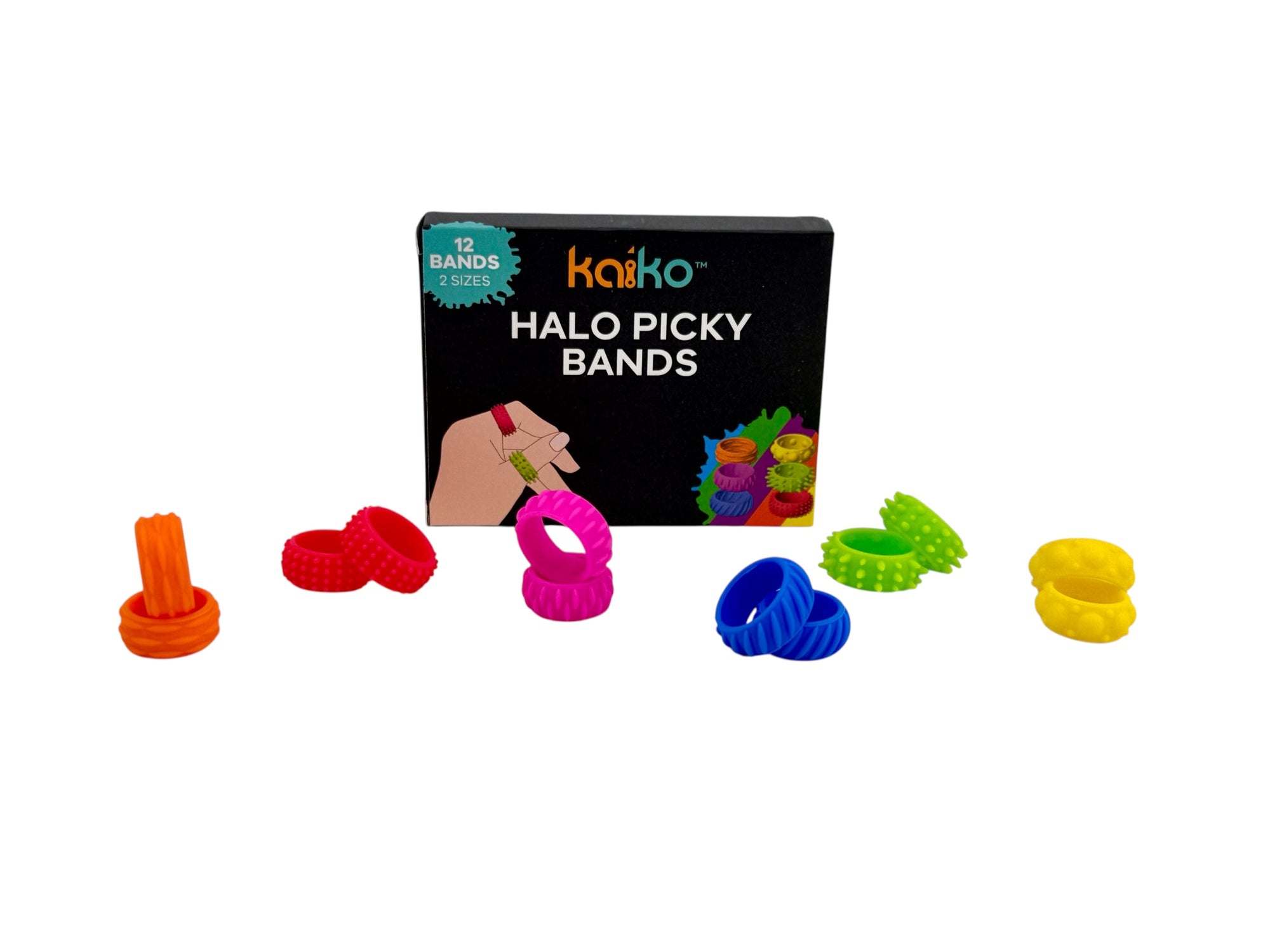 Colourful Halo Picky Bands by Kaiko with packaging on a white background