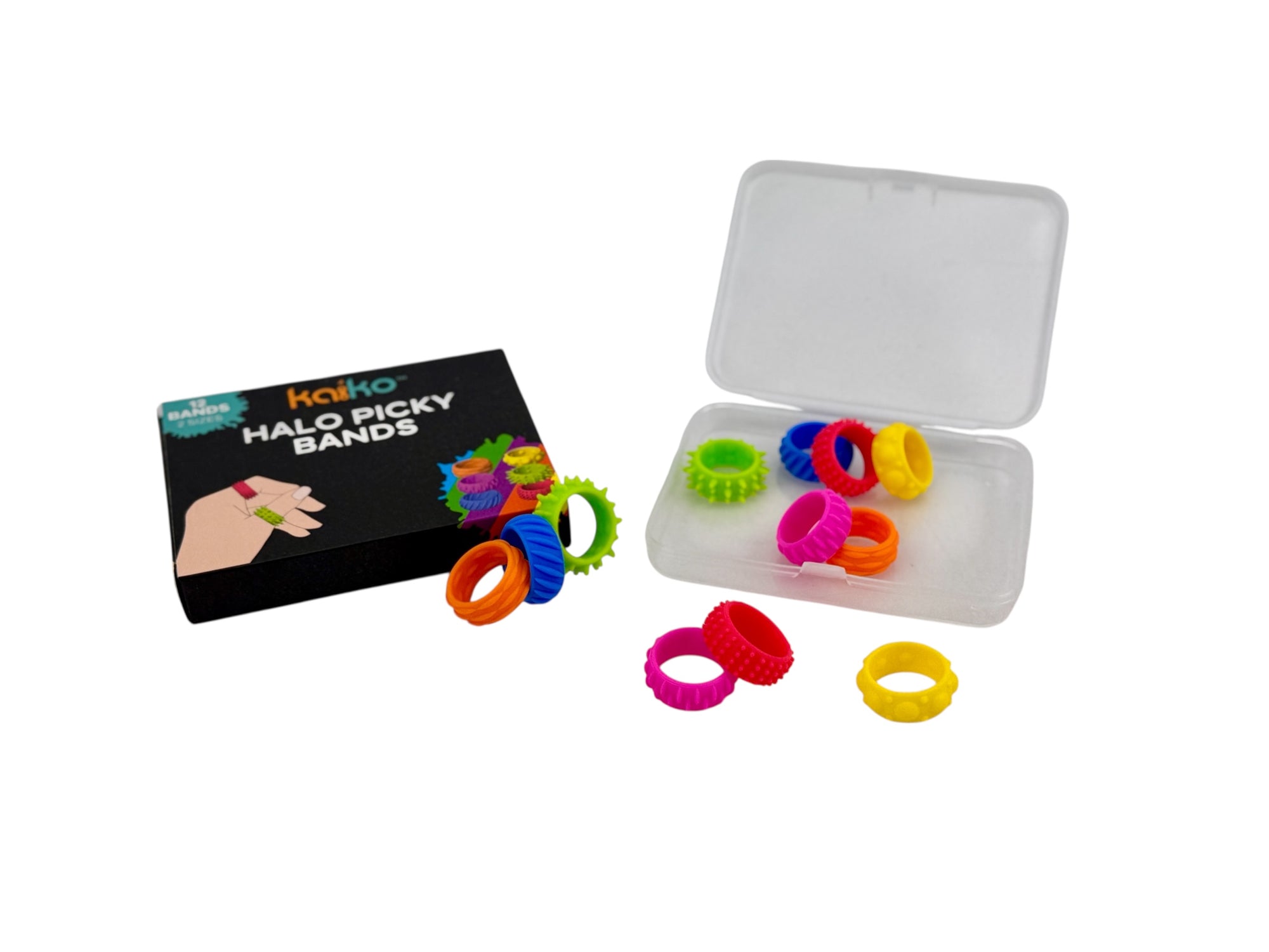 Colourful picky bands with a clear case and Kaiko packaging on a white background
