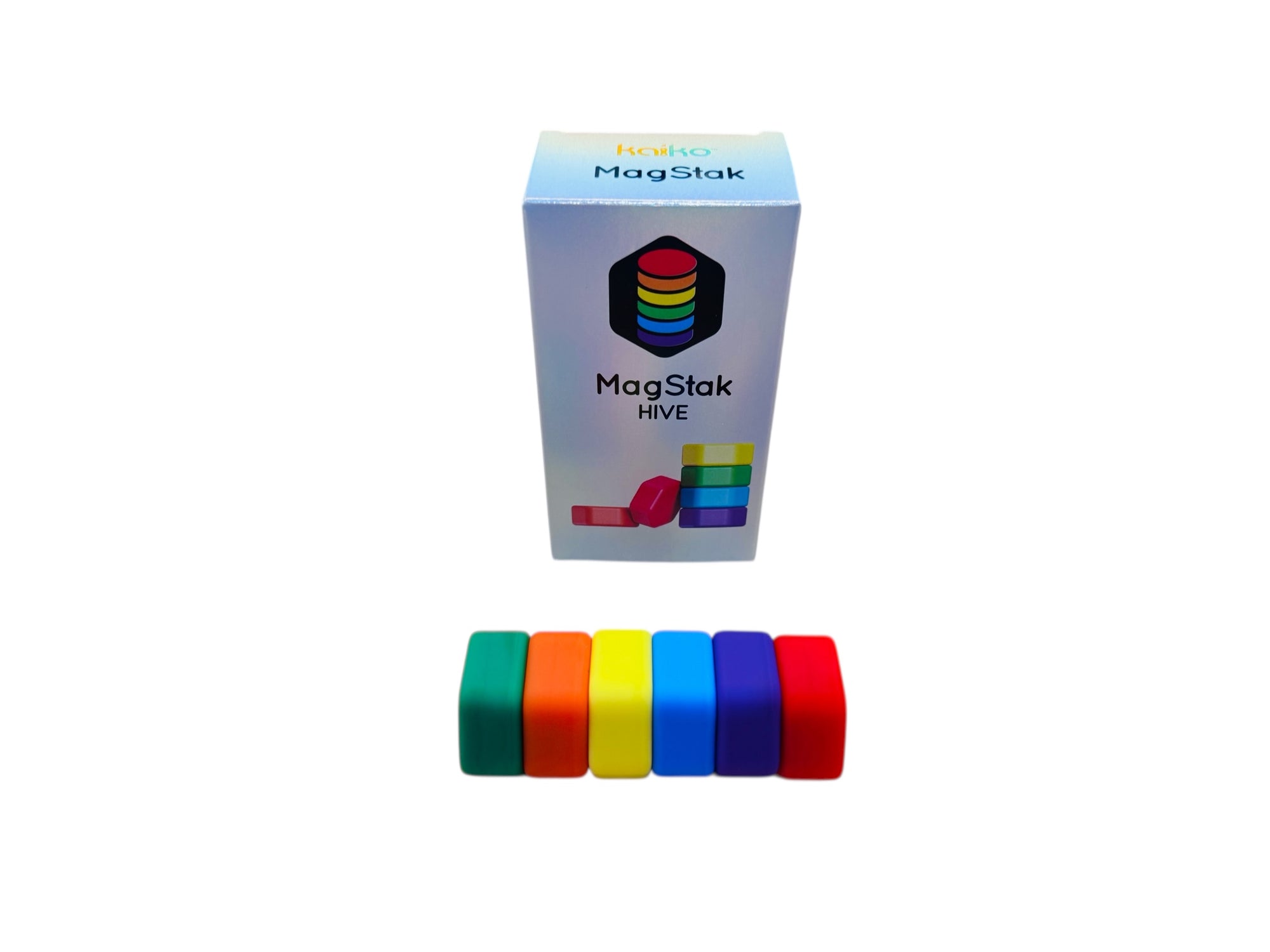 The Kaiko MagStak Hive packaging with the colourful magnetic pieces on a white background