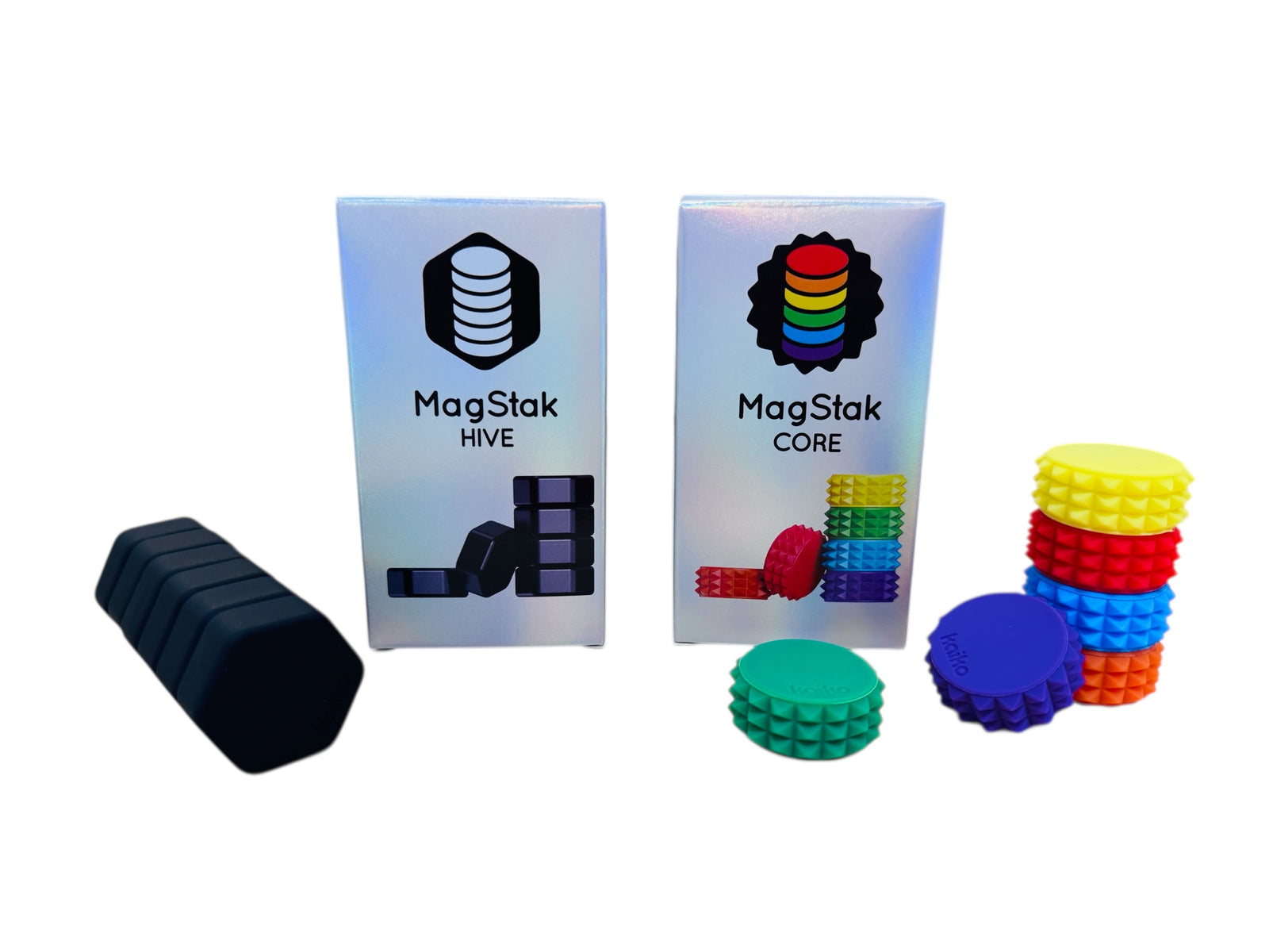 Kaiko MagStak Hive and Core packaging with colorful magnetic building blocks on a white background