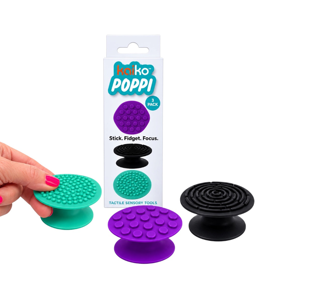 A hand with pink nail polish holds a teal textured fidget tool next to a white retail box labeled 'Kaiko Poppi' and two additional fidgets in purple and black on a white background.