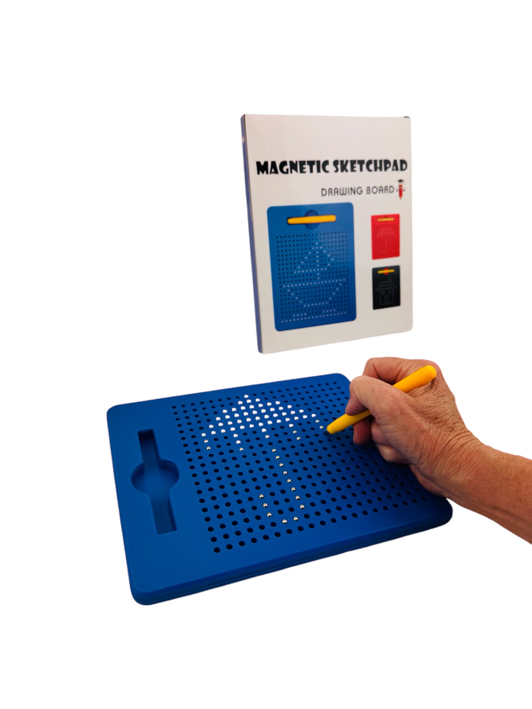 a hand writing on the blue standard MagnaPad Magnetic Sketchpad
