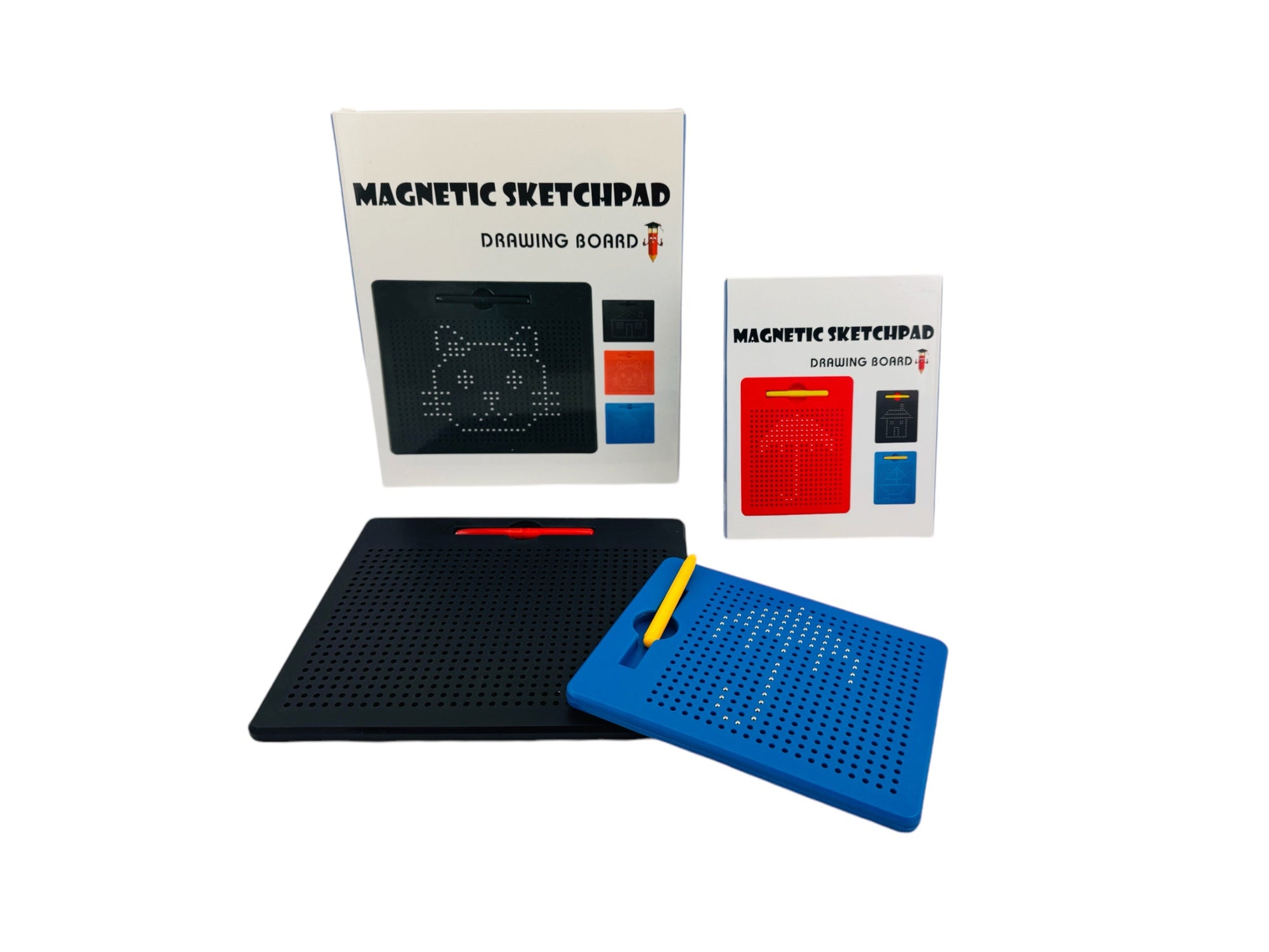 Two magnetic sketchpads shown with their retail boxes on a plain white background. One sketchpad is black and the other is blue, both with small colored accessories, and the packaging is labeled 'MAGNETIC SKETCHPAD DRAWING BOARD'.