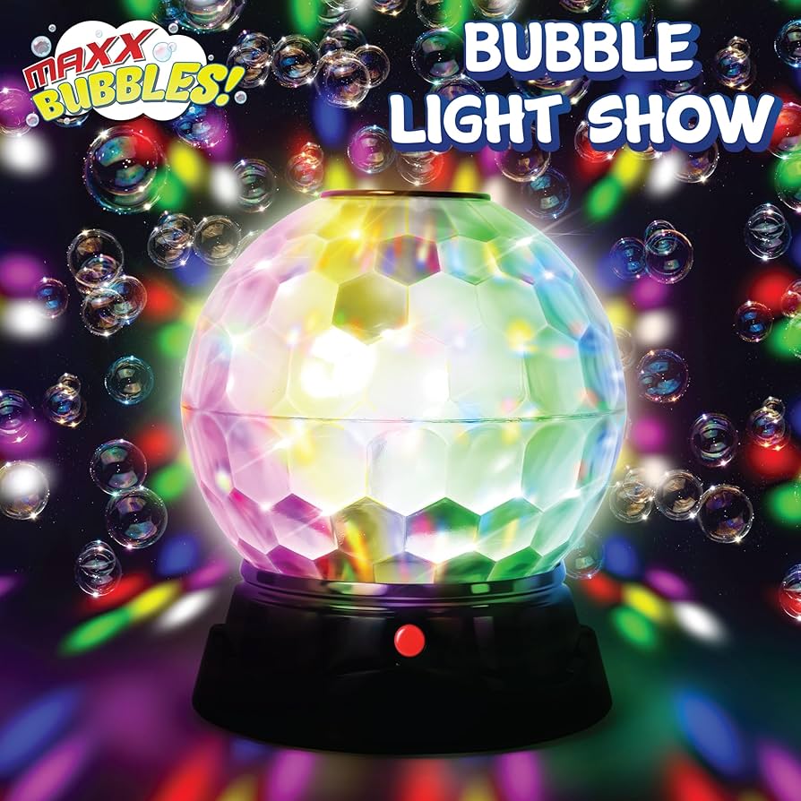Colorful disco ball with 'MAXX BUBBLES!' and 'Bubble Light Show' text, surrounded by bubbles.