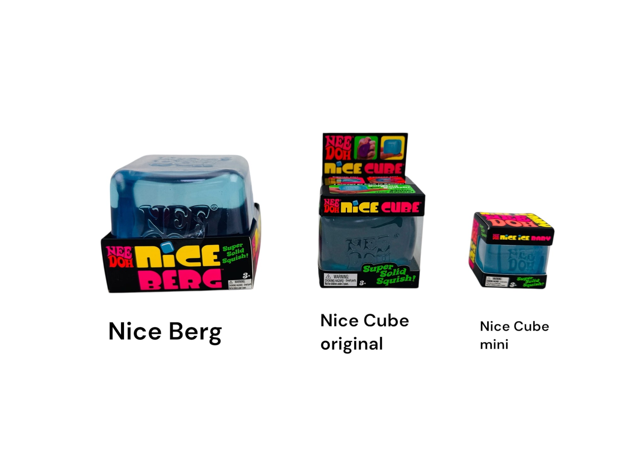Three packages of Nee Doh &#39;Nice Cube&#39; products with different sizes on a white background.
