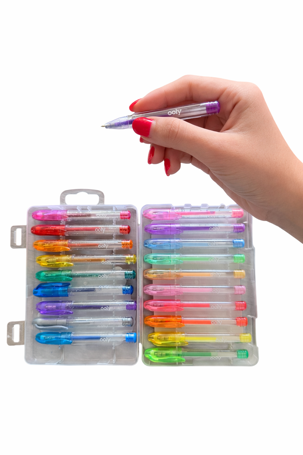 A hand holding the pruple colour from the Ooly Mini Doodlers Scented Gel Pens pack