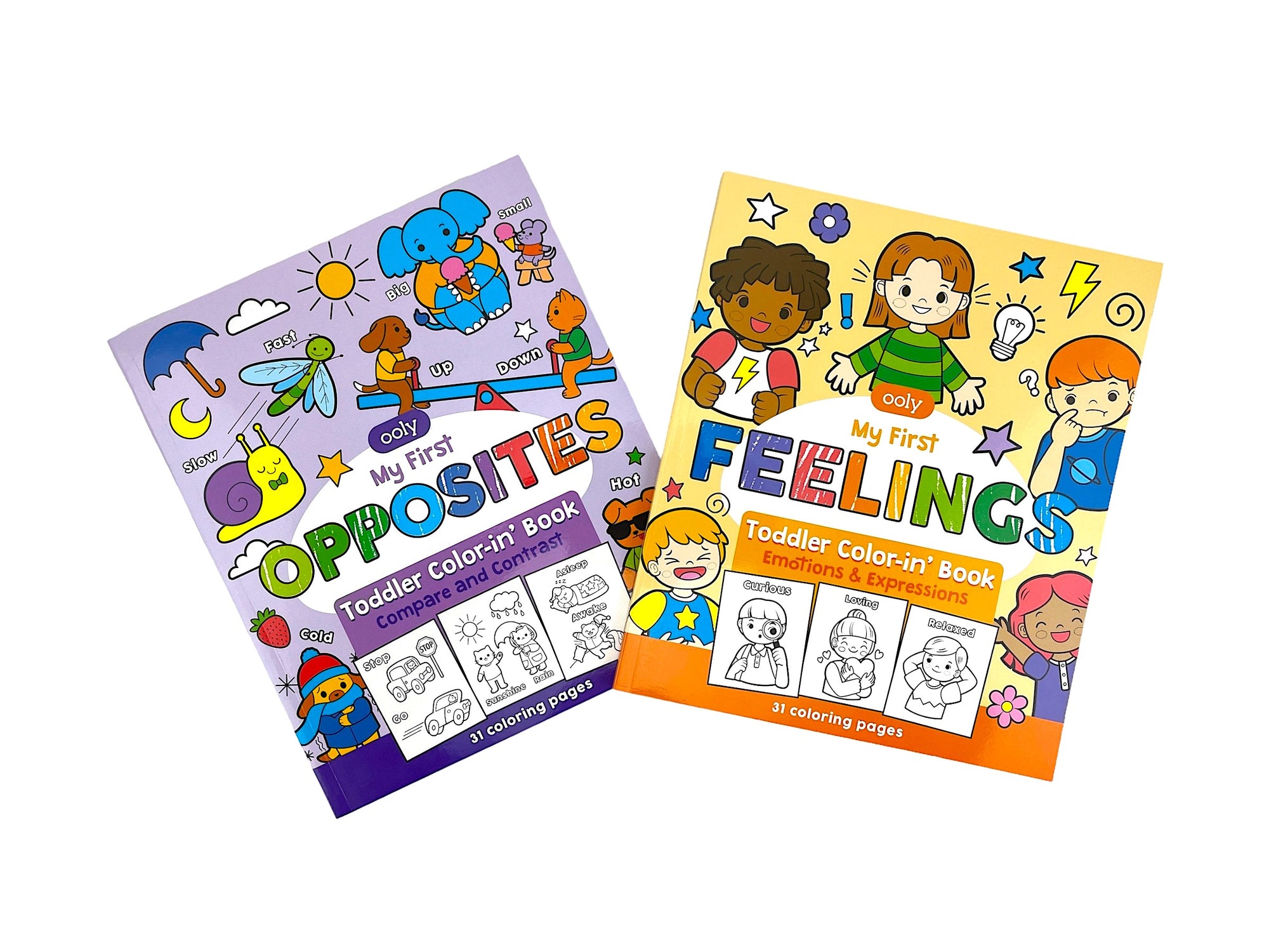 The my first opposites Ooly Toddler Colour-in' Book and the my first feelings Ooly Toddler Colour-in' Book next to each other