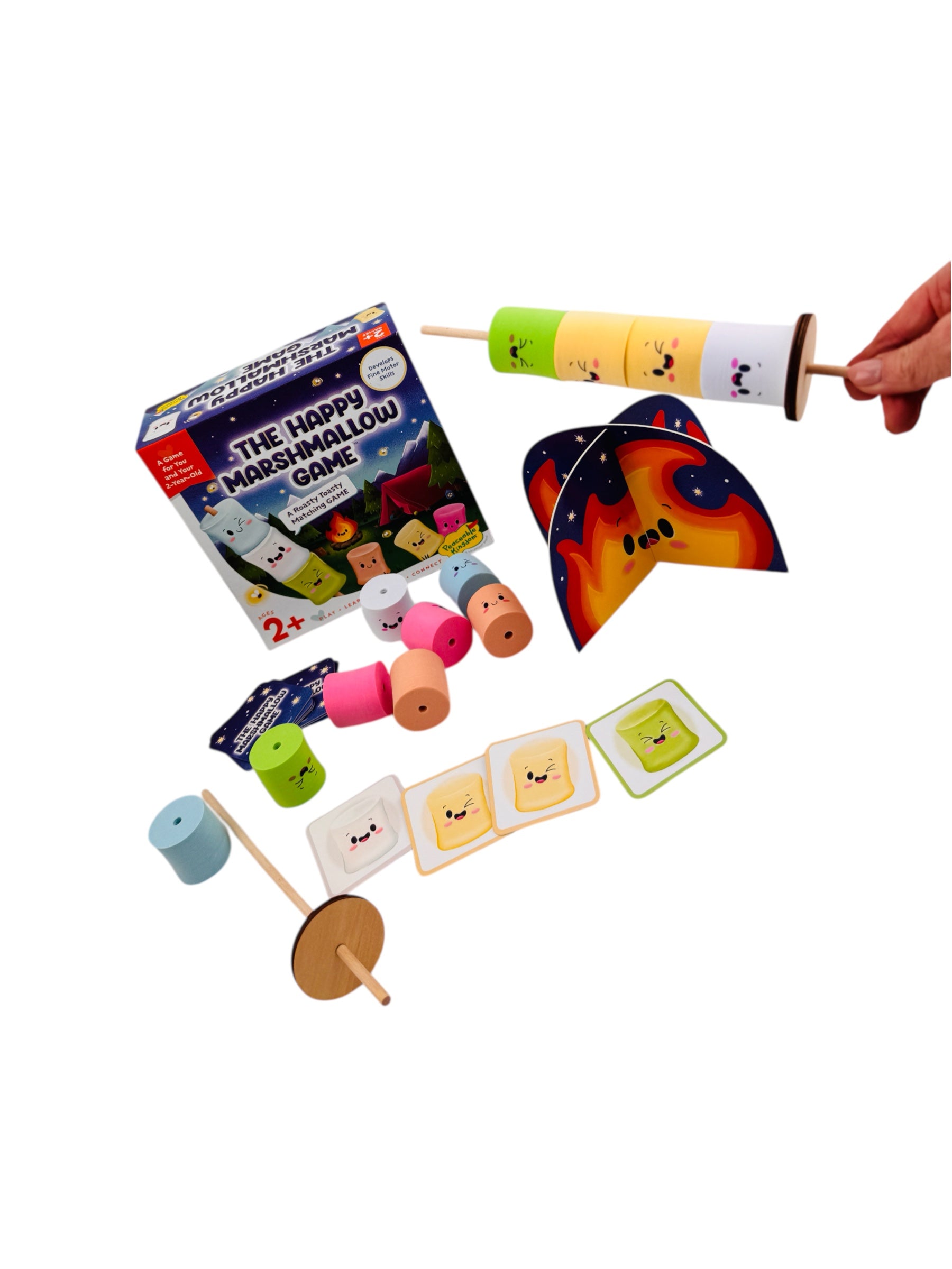 Happy Marshmallow Game with colorful marshmallows and sticks on a white background