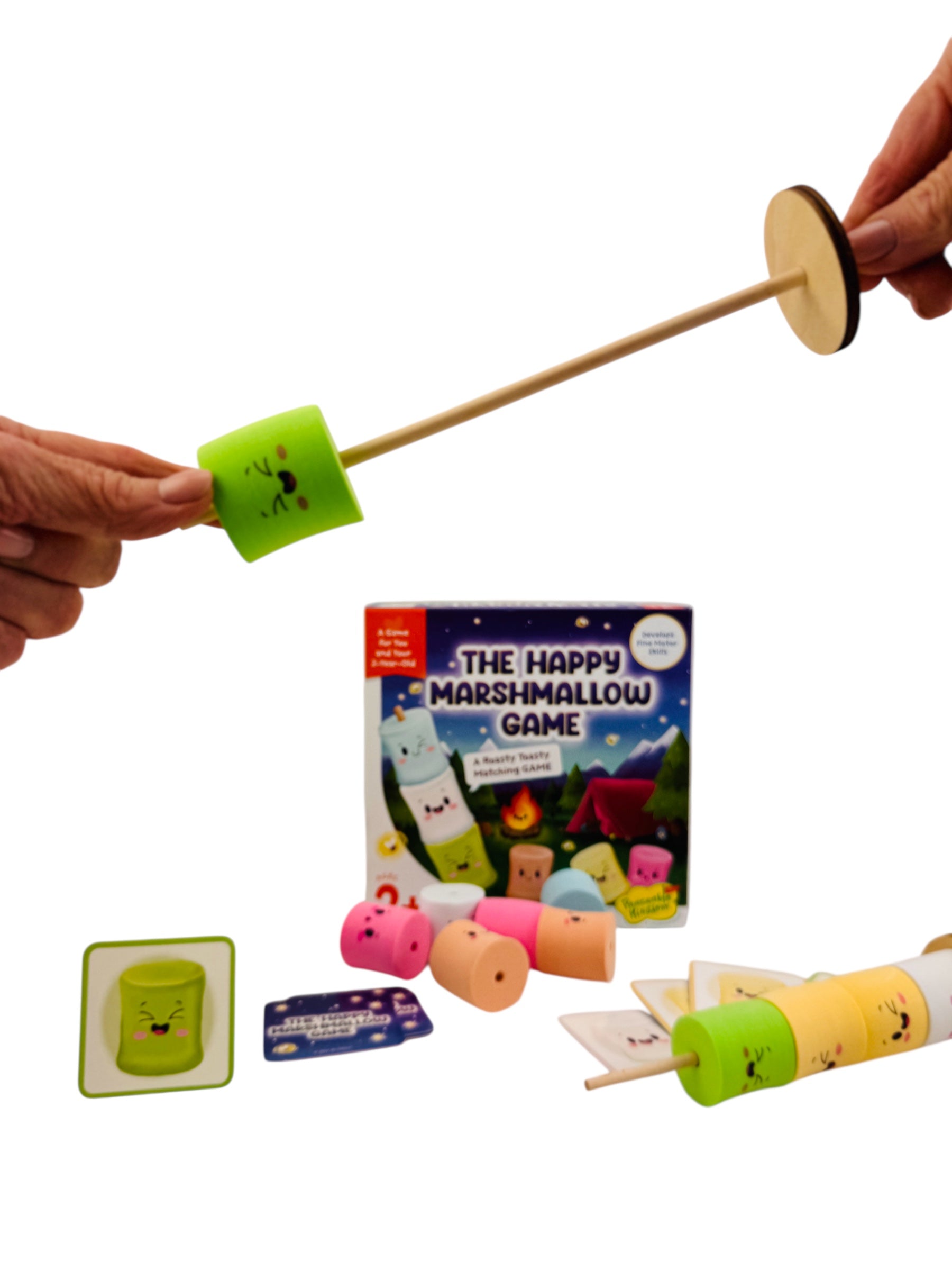 The Happy Marshmallow Game with marshmallow characters and packaging on a white background