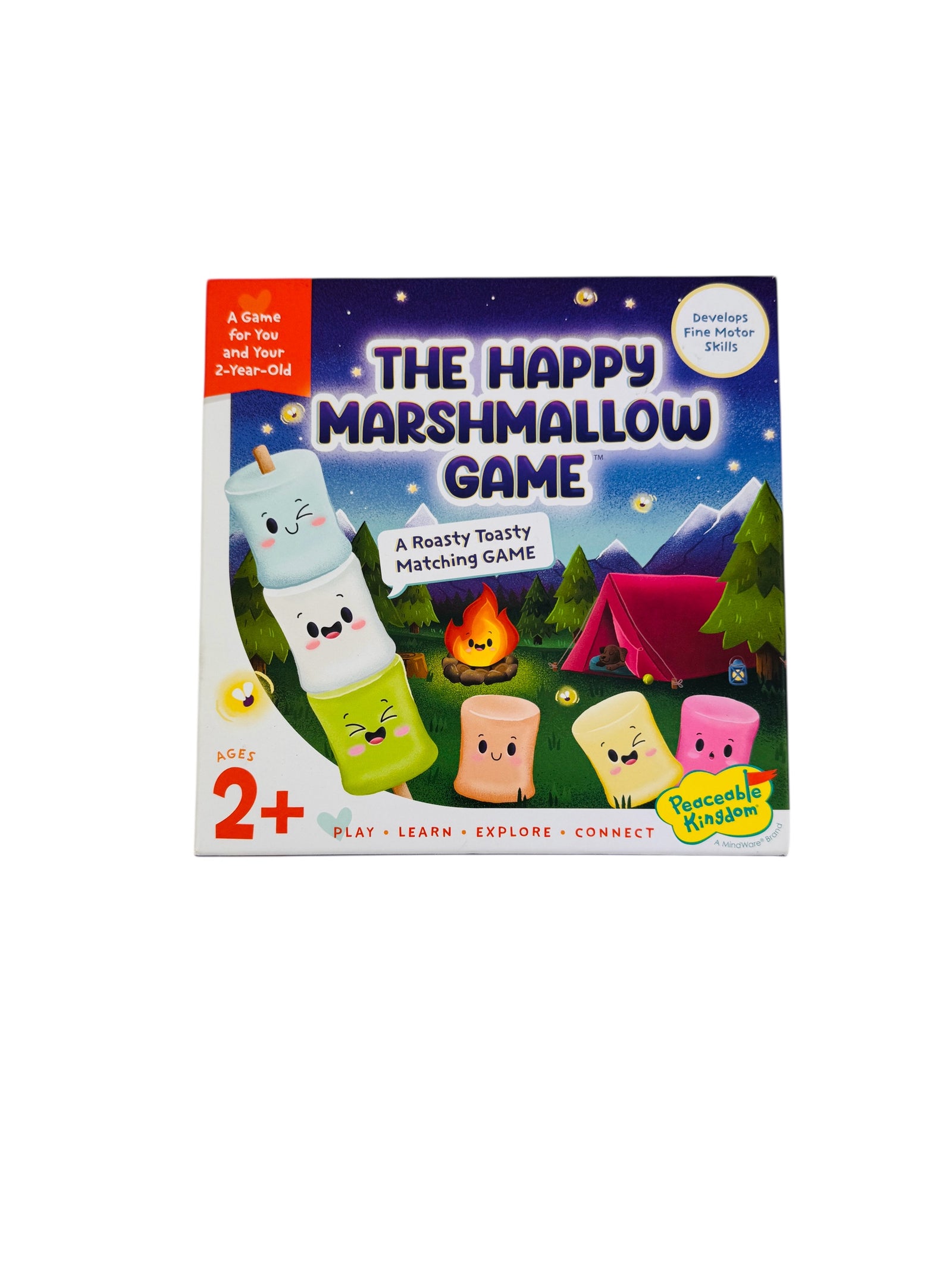 Box of 'The Happy Marshmallow Game' with marshmallow characters on a white background