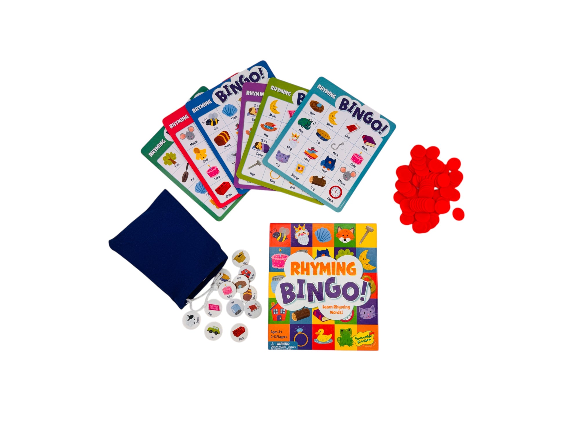 Peaceable Kingdom Rhyming Bingo set with cards, markers, and a book titled &#39;Rhyming Bingo&#39; on a white background.