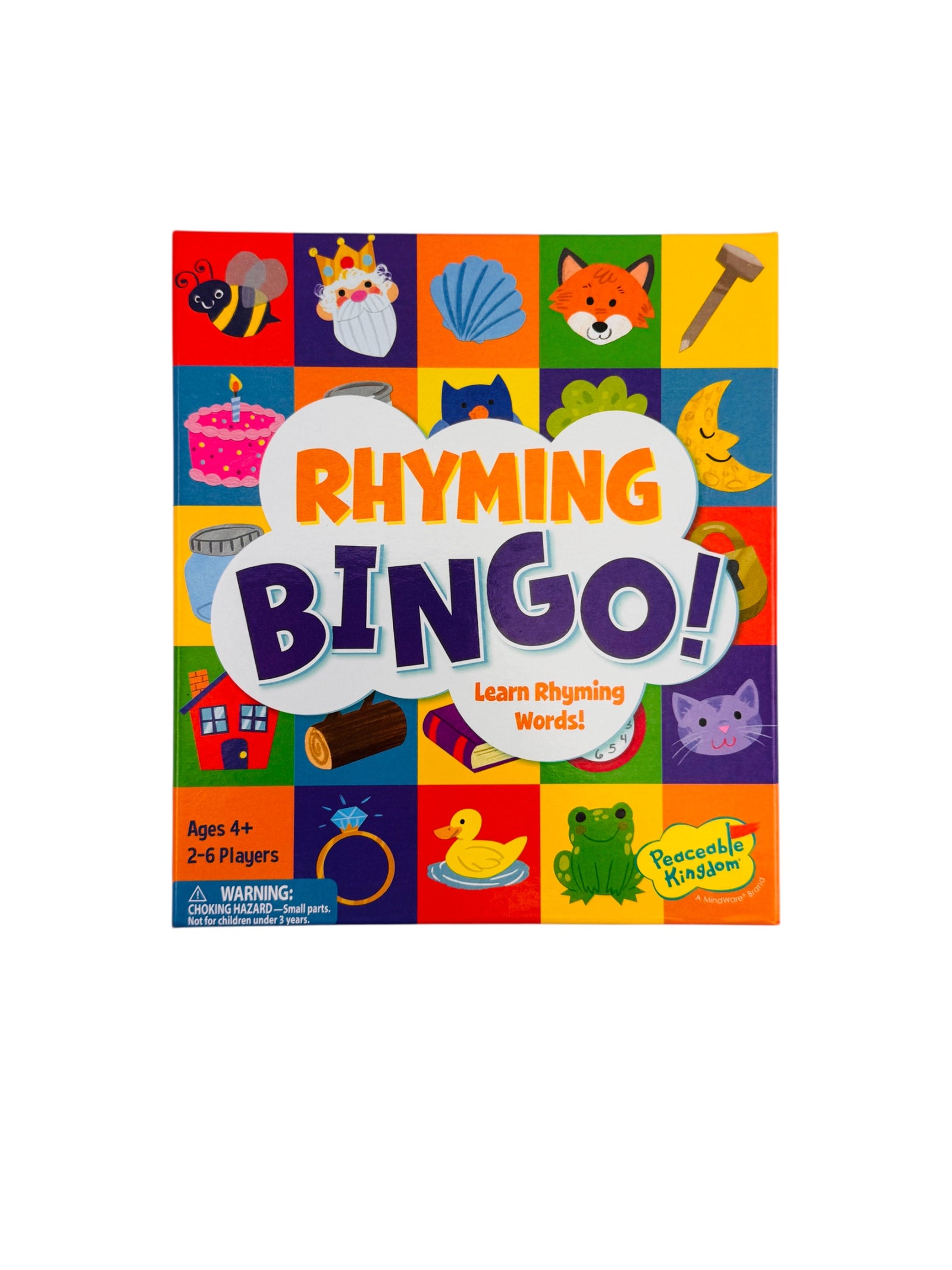 Colorful packaging of 'Rhyming Bingo' game for children on a white background