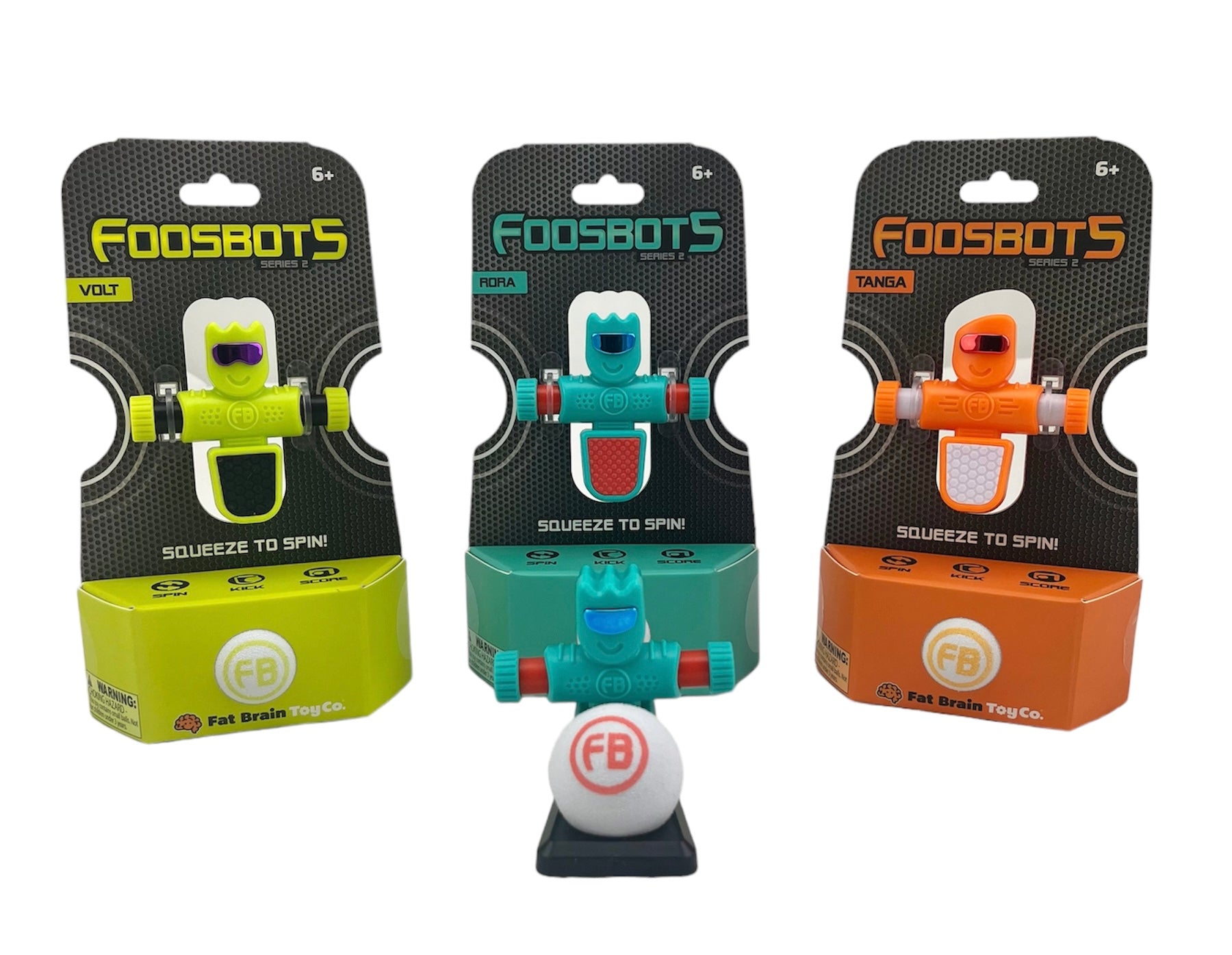 The green, blue and orange Fat Brain Foosbots - Series 2 pictured on a white background