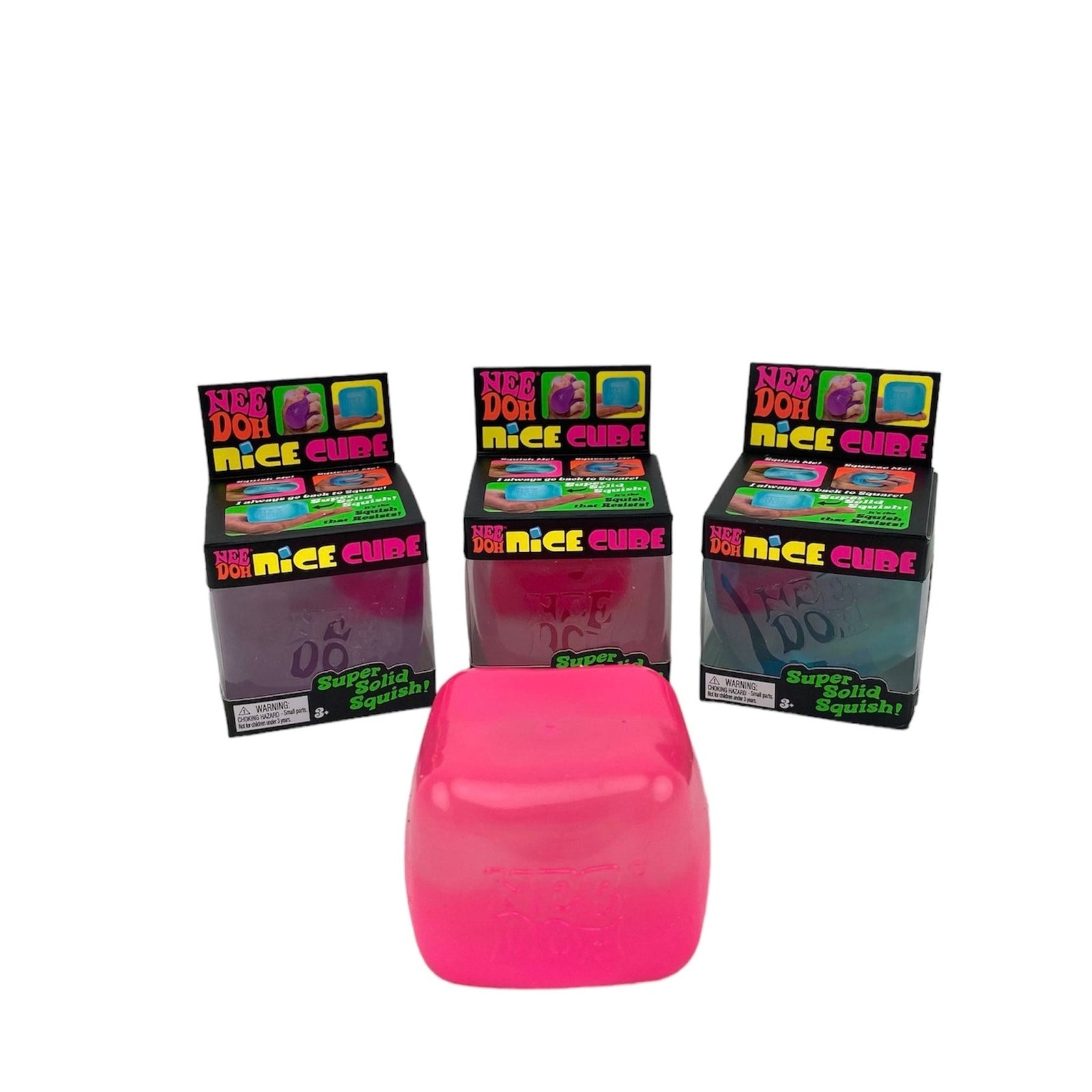 The pink Nee Doh Stress ball Nice Cube pictured on a white background