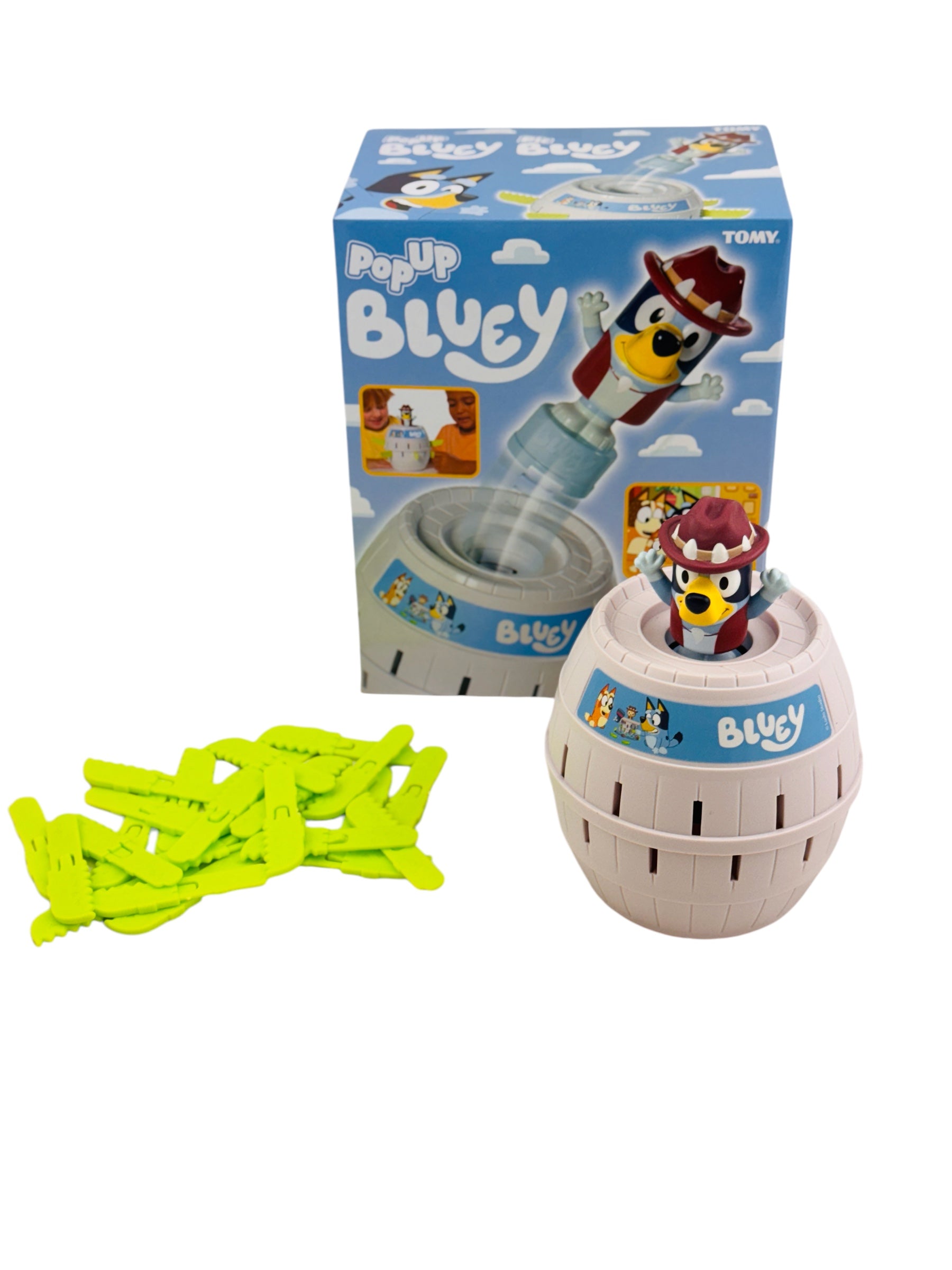 the Pop Up Bluey Fine Motor Game on display pictured on a white background