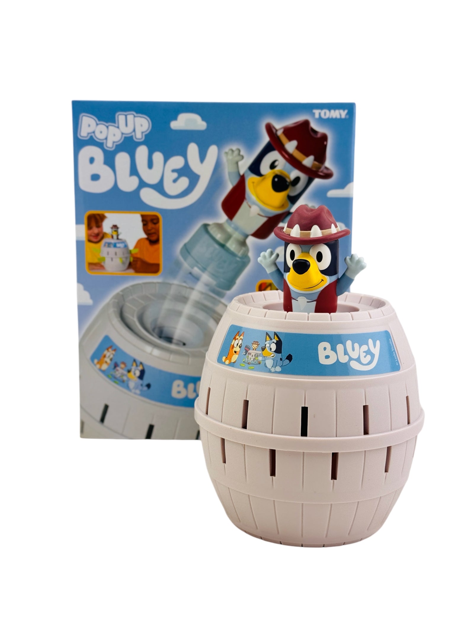 Pop Up Bluey Fine Motor Game pictured o a white background