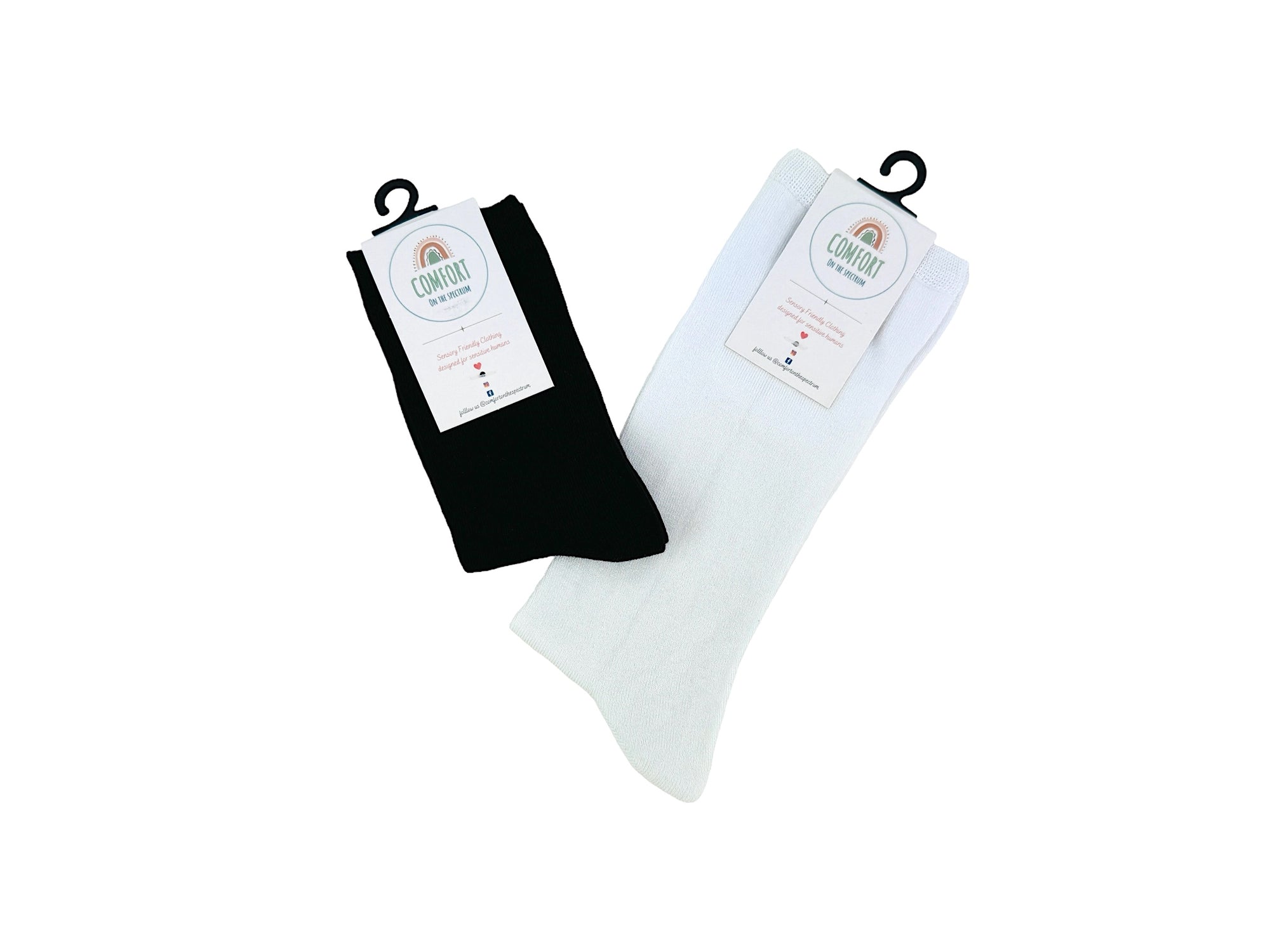 a black and white pair of Seamless Sensory Socks by comfort on the spectrum pictured together