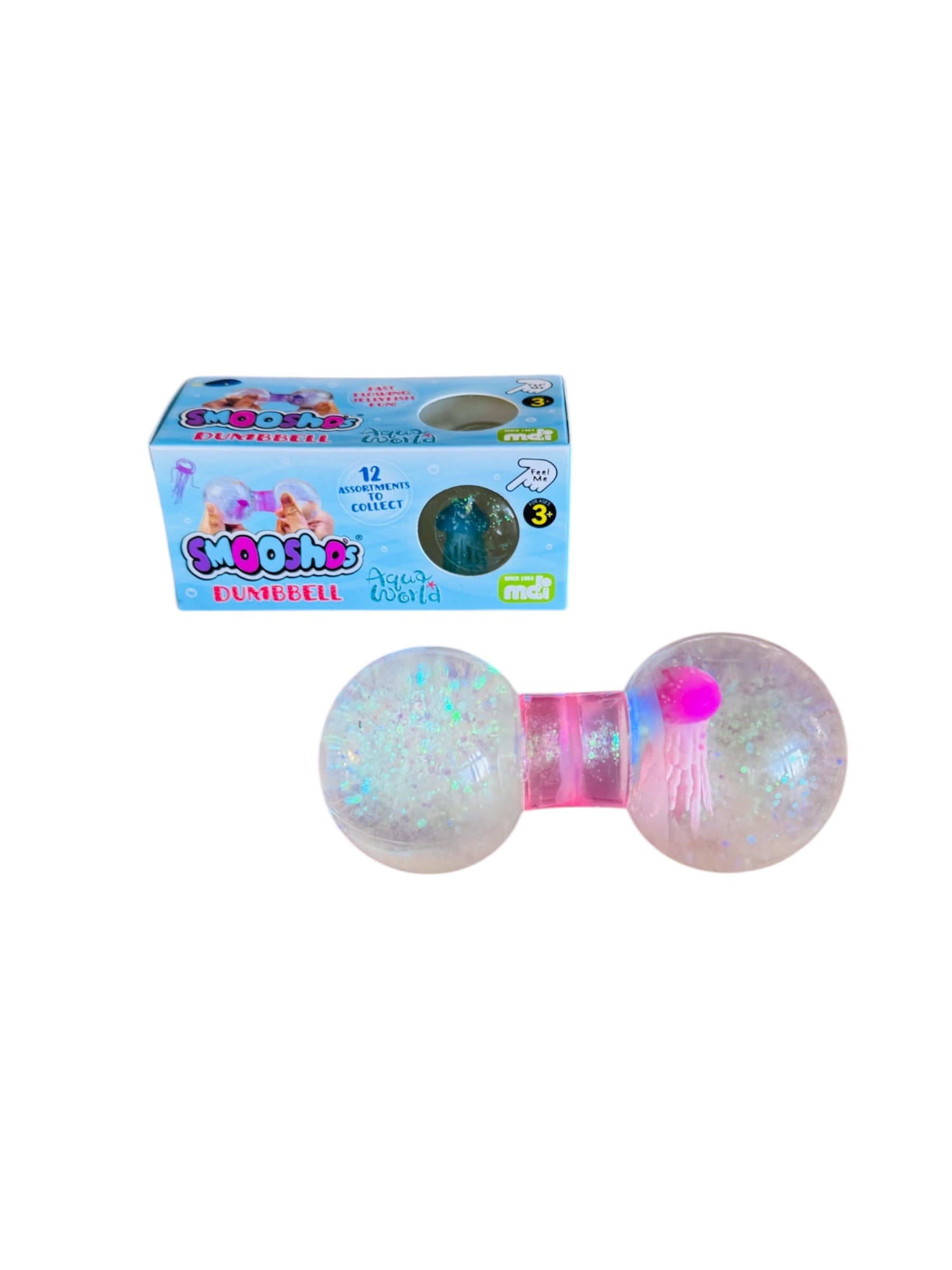 The Smooshos Squishy Dumbbell - Jellyfishpictured outside it's box and on a white background