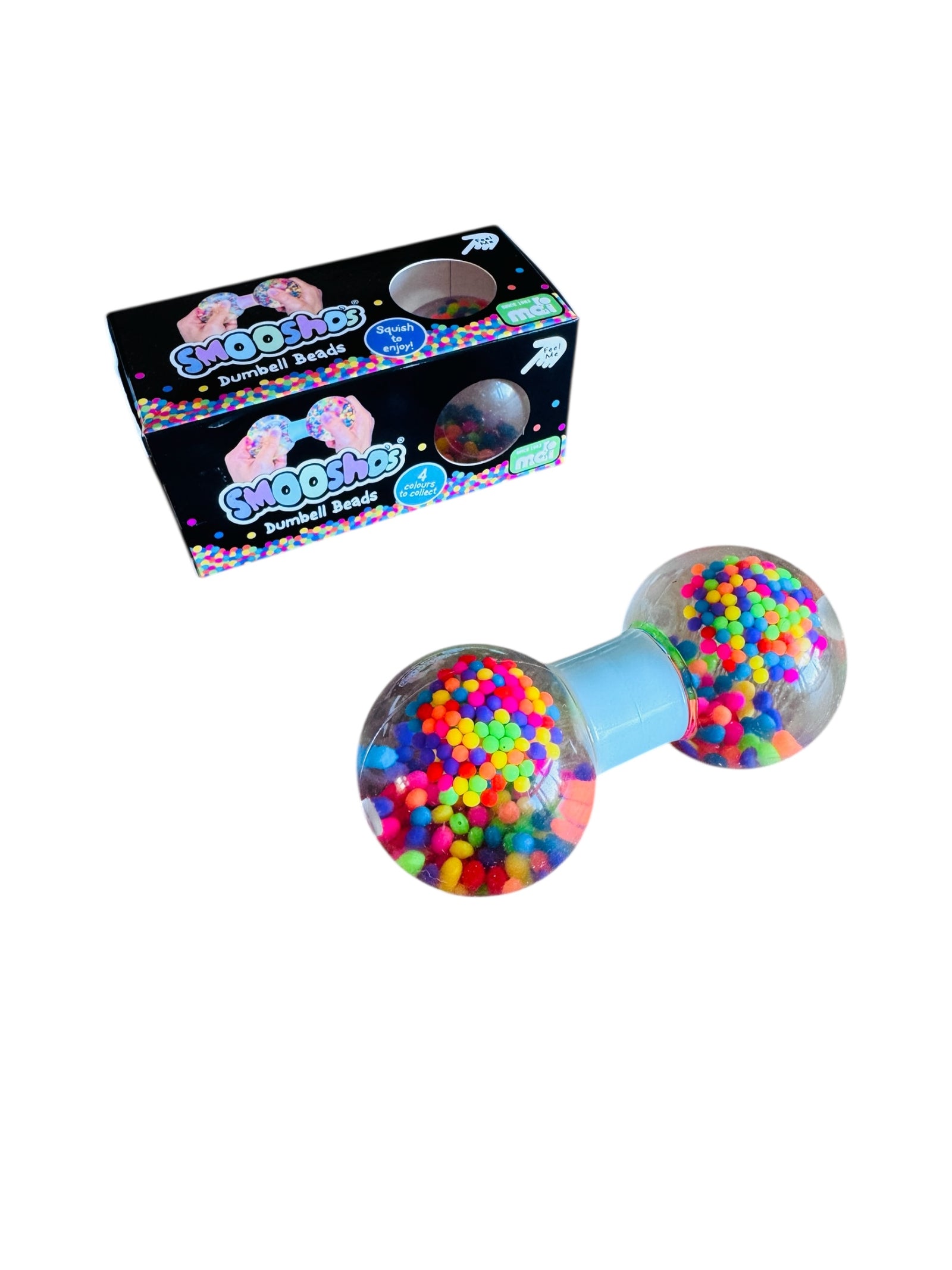 The Smooshos Squishy Dumbbell - Beads pictured in front of it's box and on a white background
