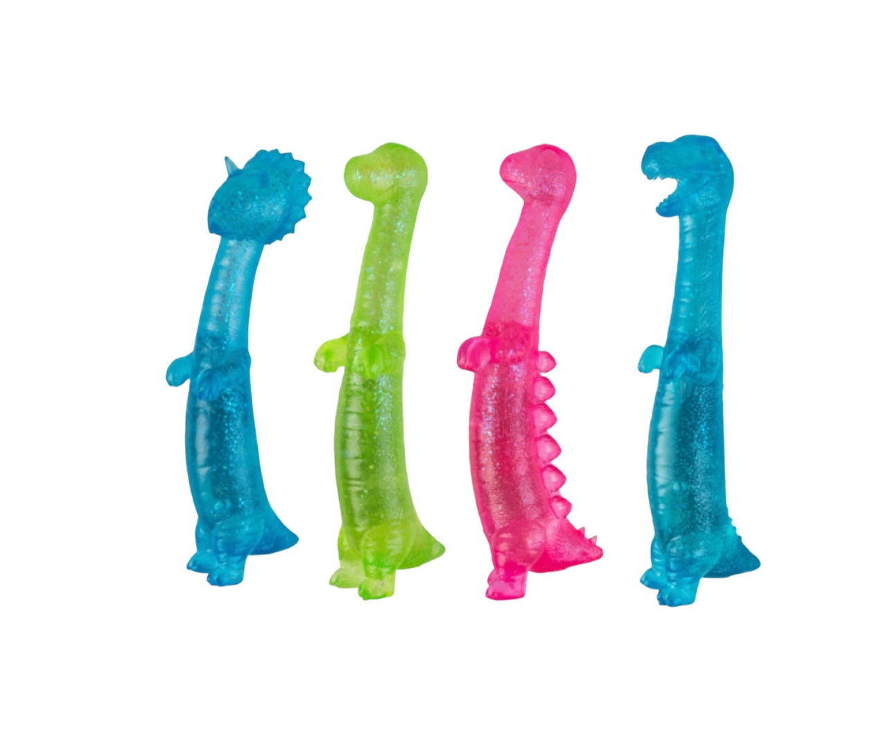 The four colours of Smooshos Super Squeeze Glow - Stretch Dinos pictured on a white background