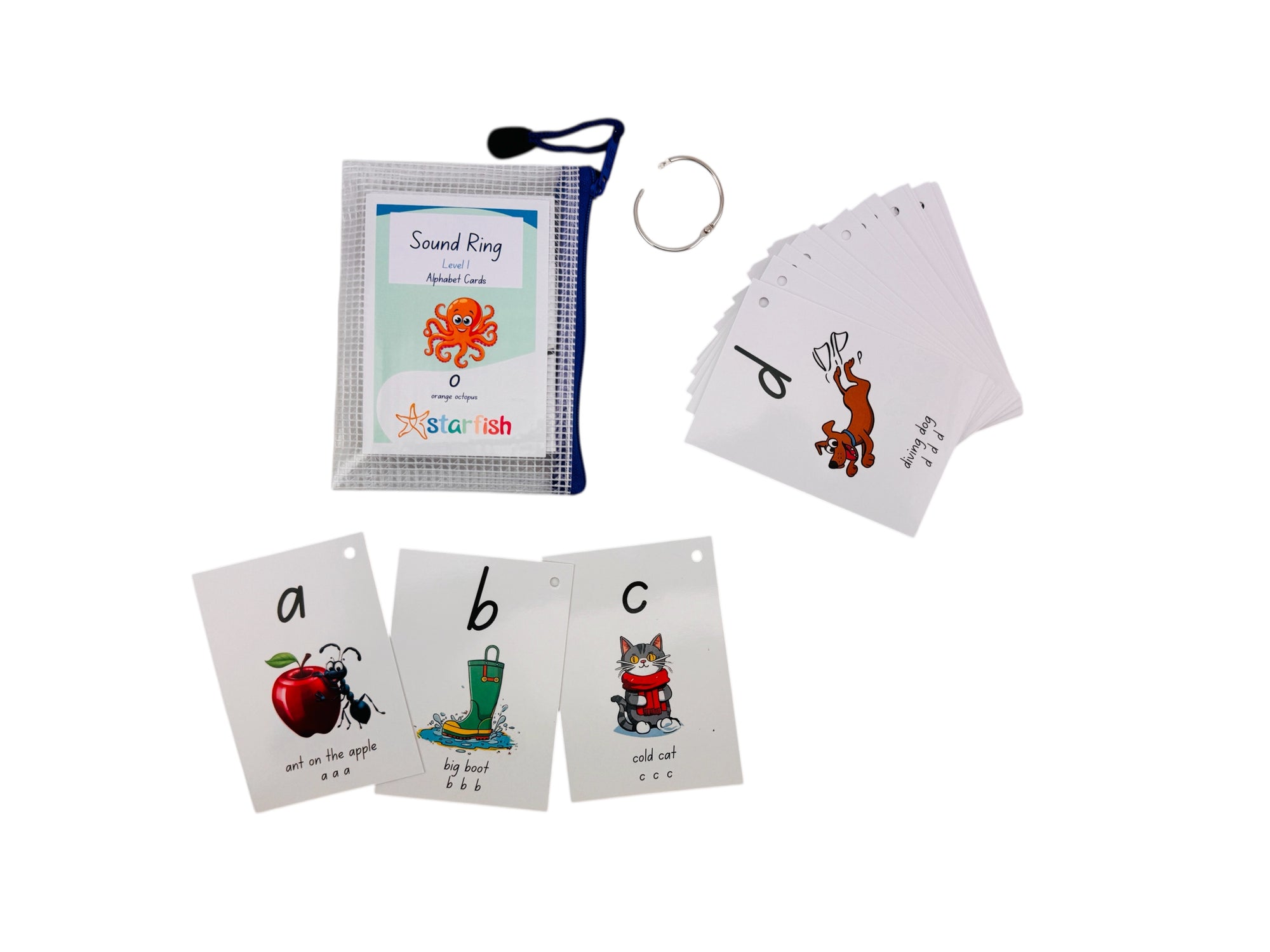 Alphabet flashcards with illustrations and text on a white background