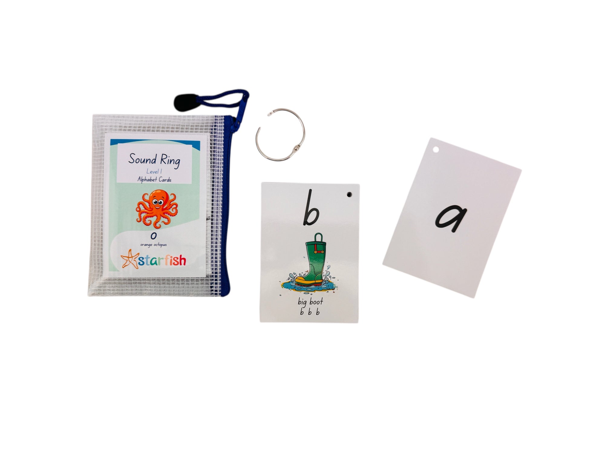 Educational tools including a Sound Ring, a pouch, and flashcards with letters on a white background.