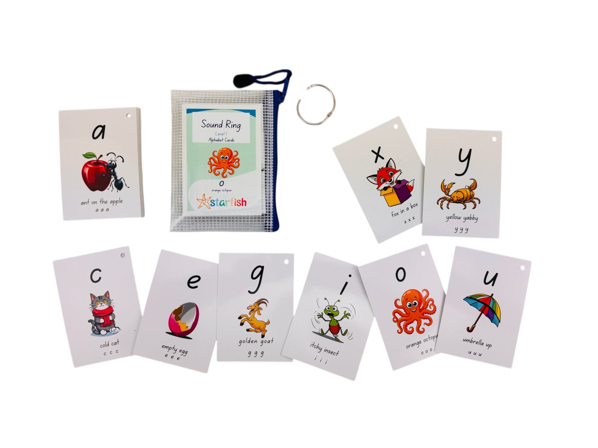 Starfish Sound Ring - Level 1 Alphabet cards with illustrations and a pouch labeled &#39;Starfish&#39; on a white background