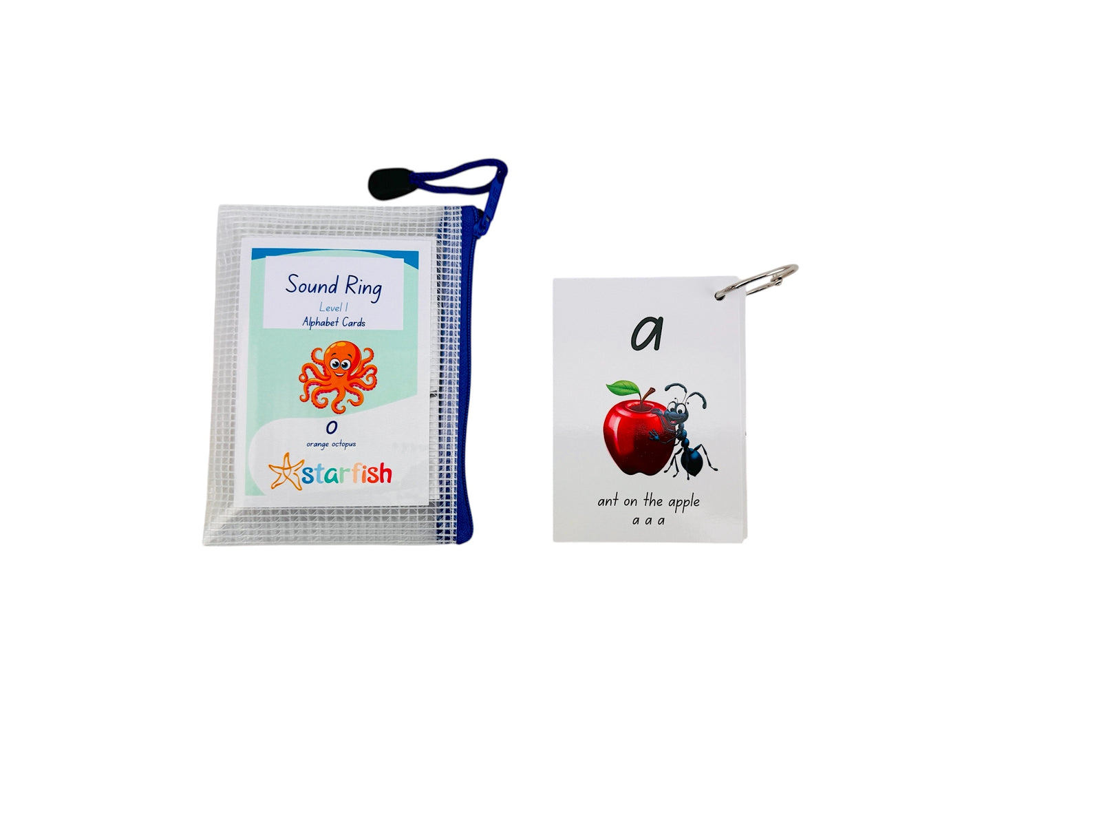 The Starfish Sound Ring - Level 1 Alphabet including a sound ring and a card with an apple and letter 'a' illustration on a white background.