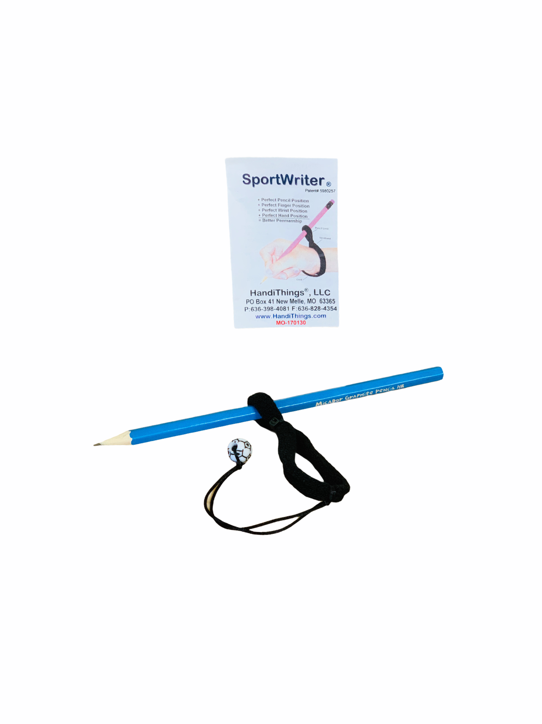 The Sportswriter black scocer ball HandiWriter® Wrist Pencil Grip pictured on a white background