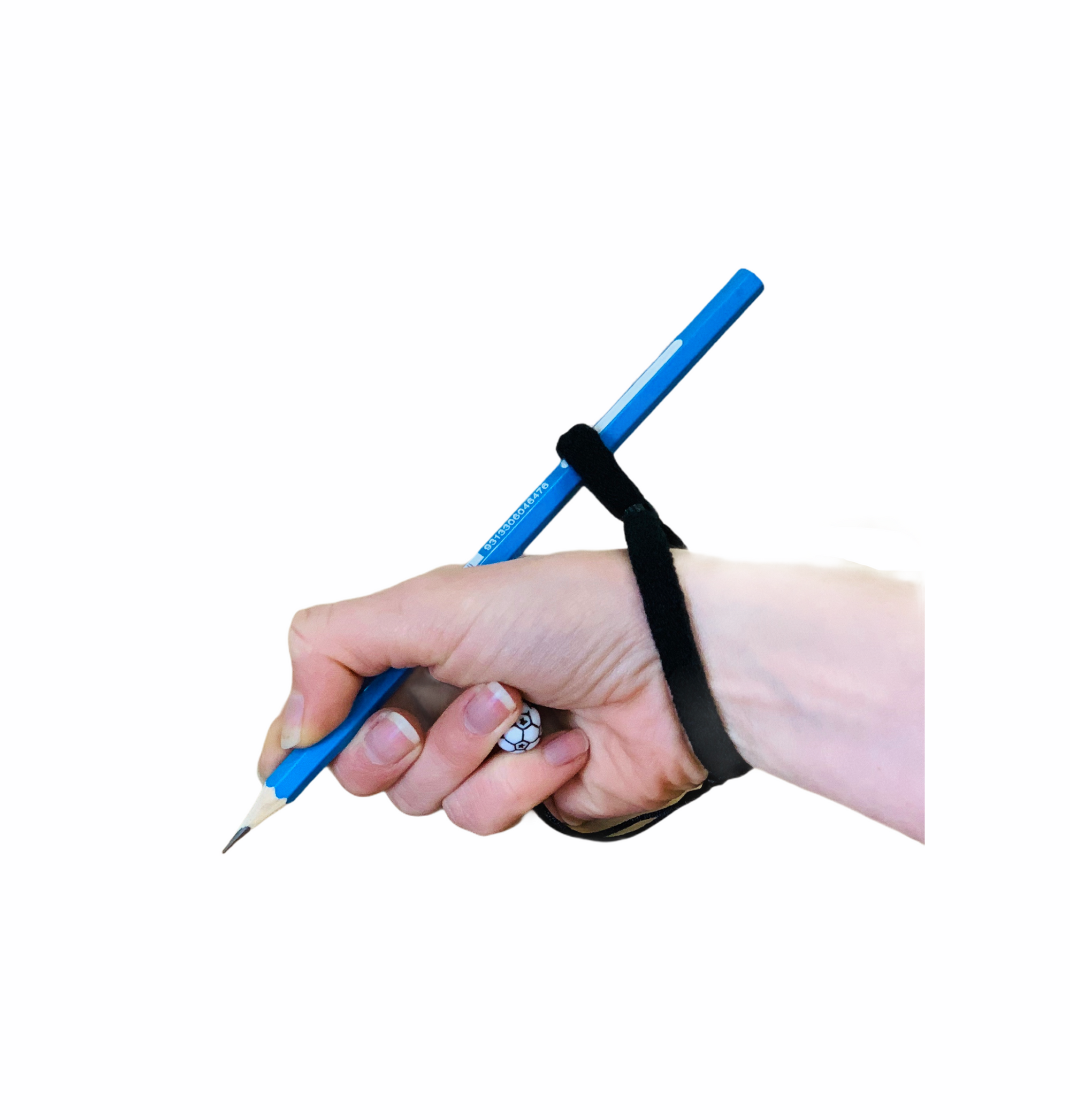 A hand wearing the black soccerball HandiWriter® Wrist Pencil Grip pictured on a white background