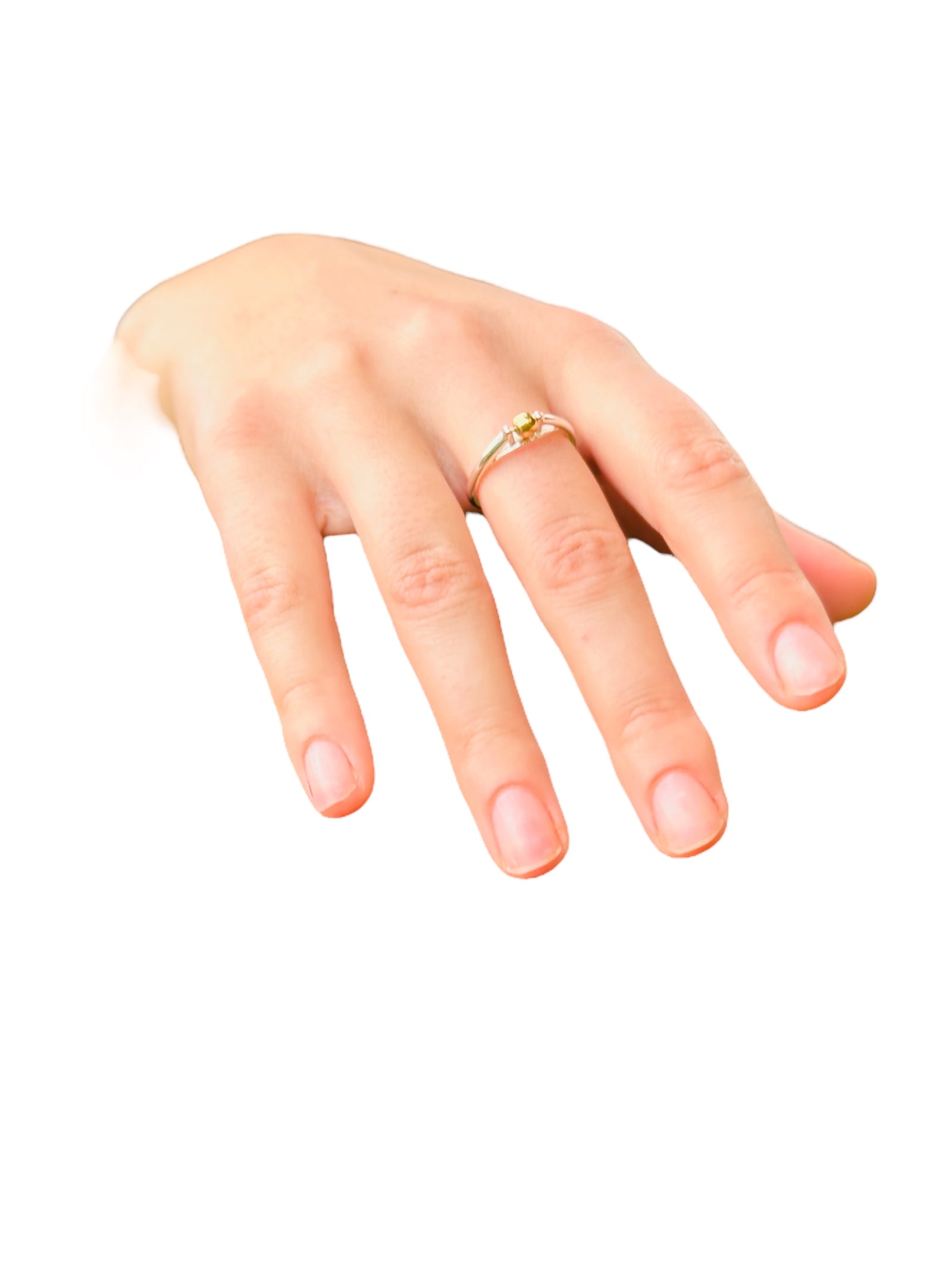 a hand wearing the Star & Co Anxiety Jewellery - The India Ring on a white background