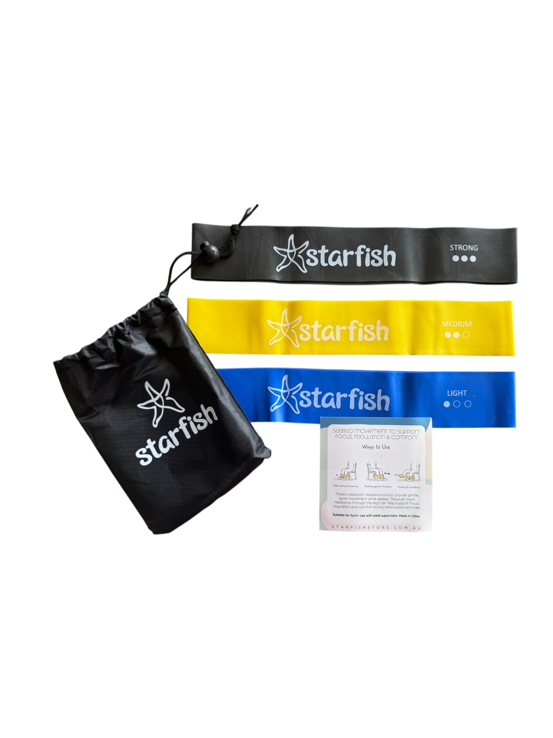 Starfish resistance bands with a drawstring bag on a white background