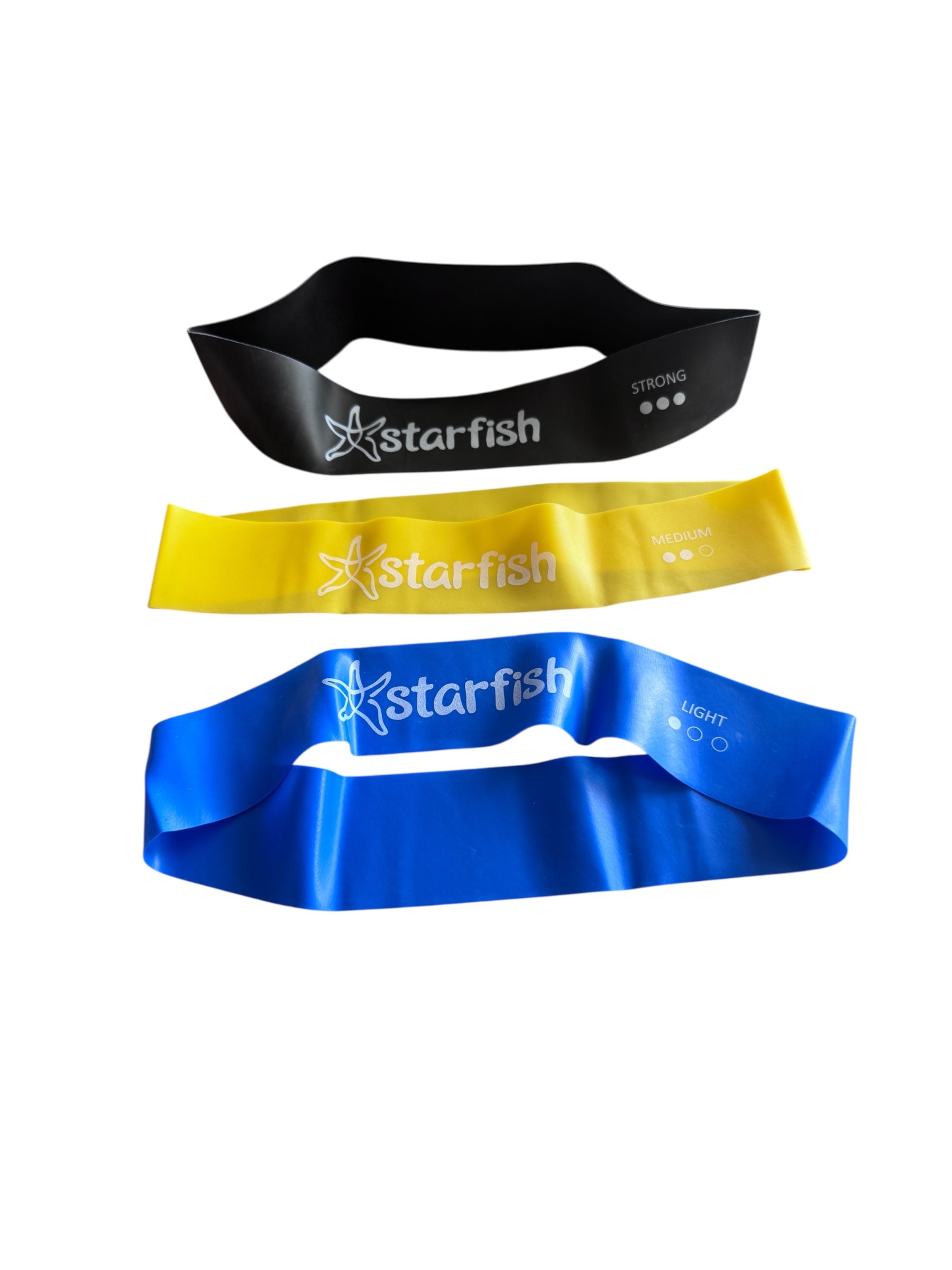 Three classroom resistance bands in black, yellow, and blue with 'Starfish' branding on a white background.