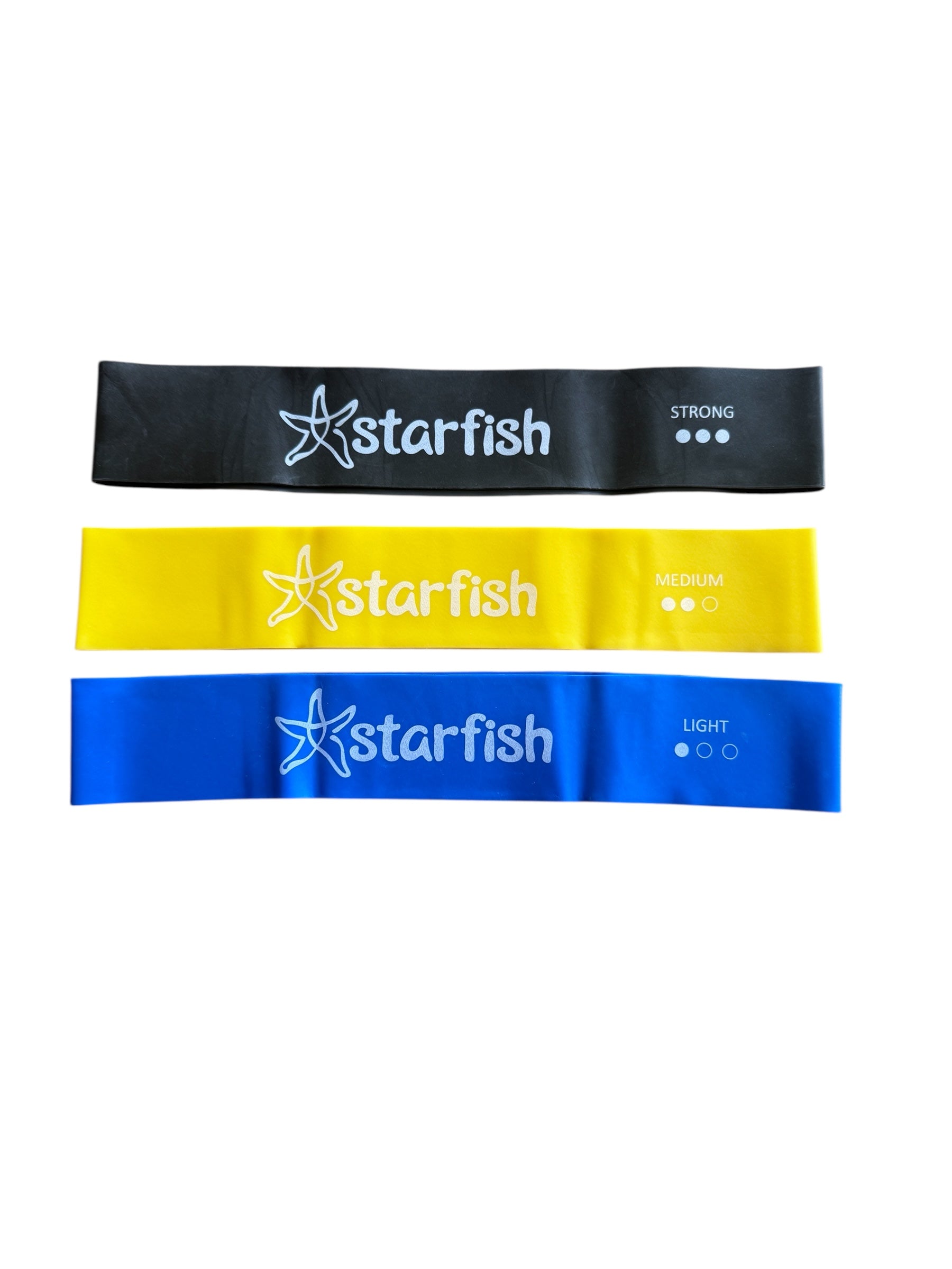 The blue, yellow and black Starfish Classroom Resistance Bands pictured on a white background