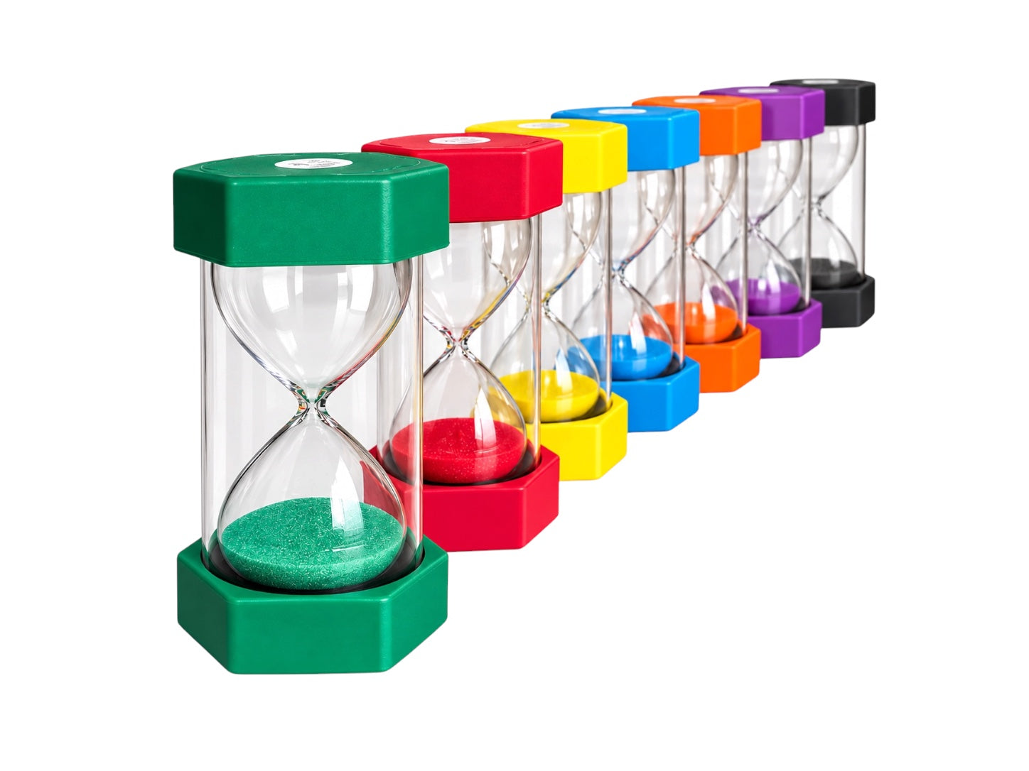 All 6 colours of the Starfish Giant Visual Sand Timers lined up and pictured on a white background