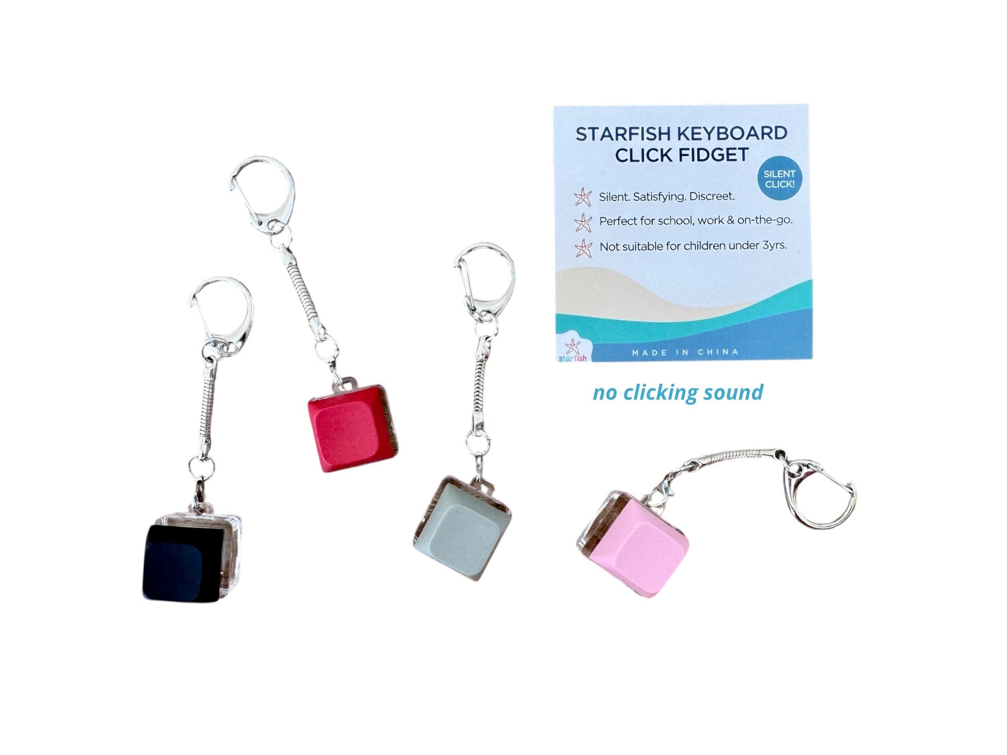 Four starfish-shaped keyboard click fidgets in different colors (black, red, light blue, and pink) with silver metal clips, displayed next to a product information card on a white background.