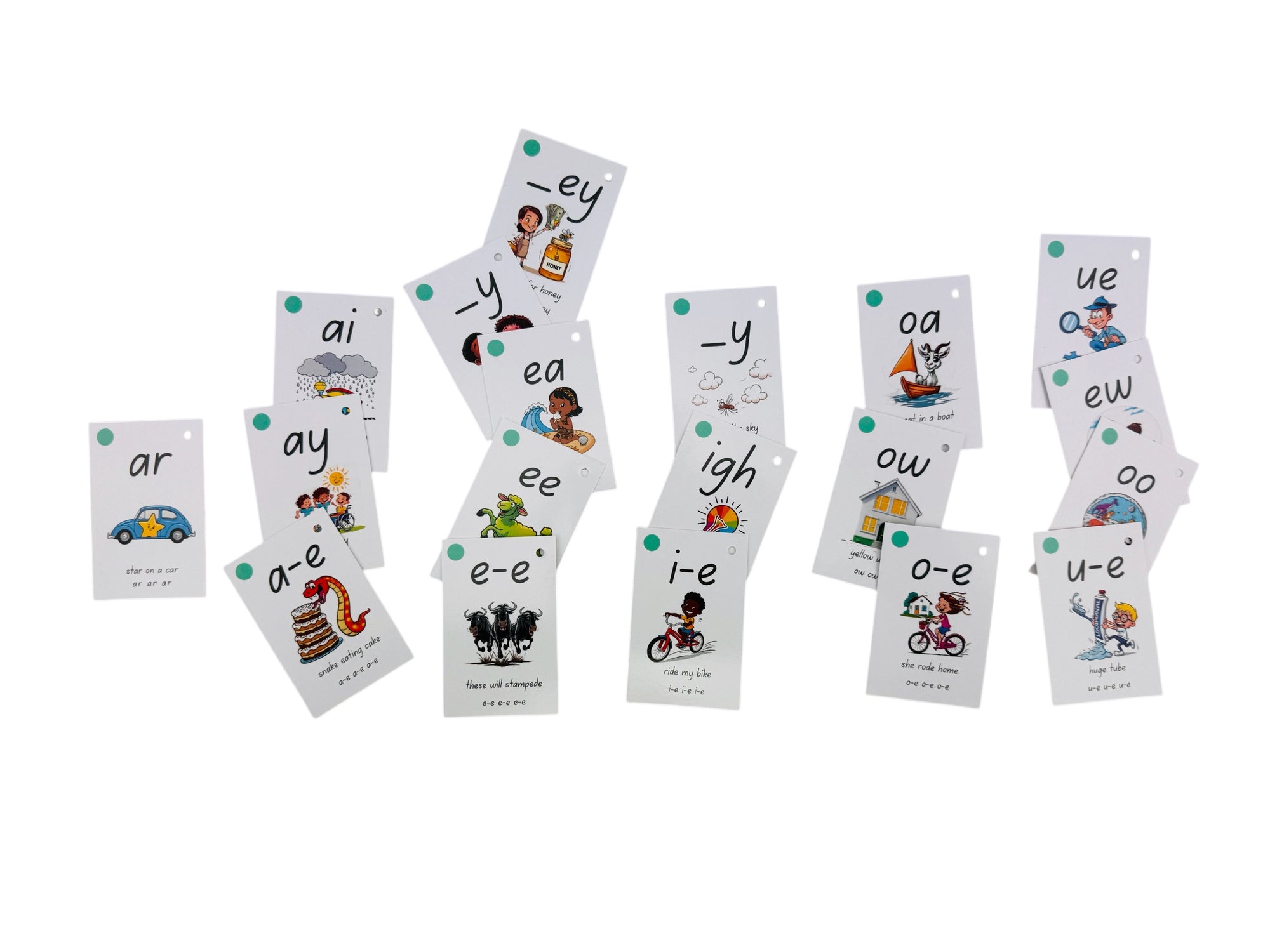 Set of educational phonics cards on a white background