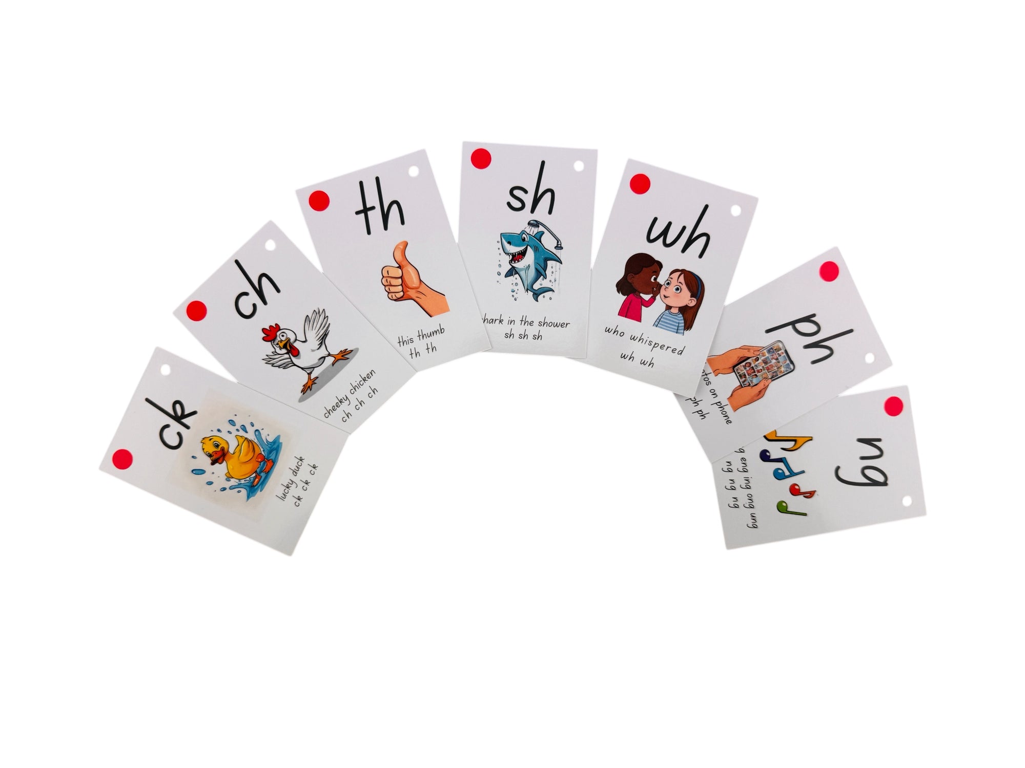 Set of phonics flashcards with illustrations and letters on a white background