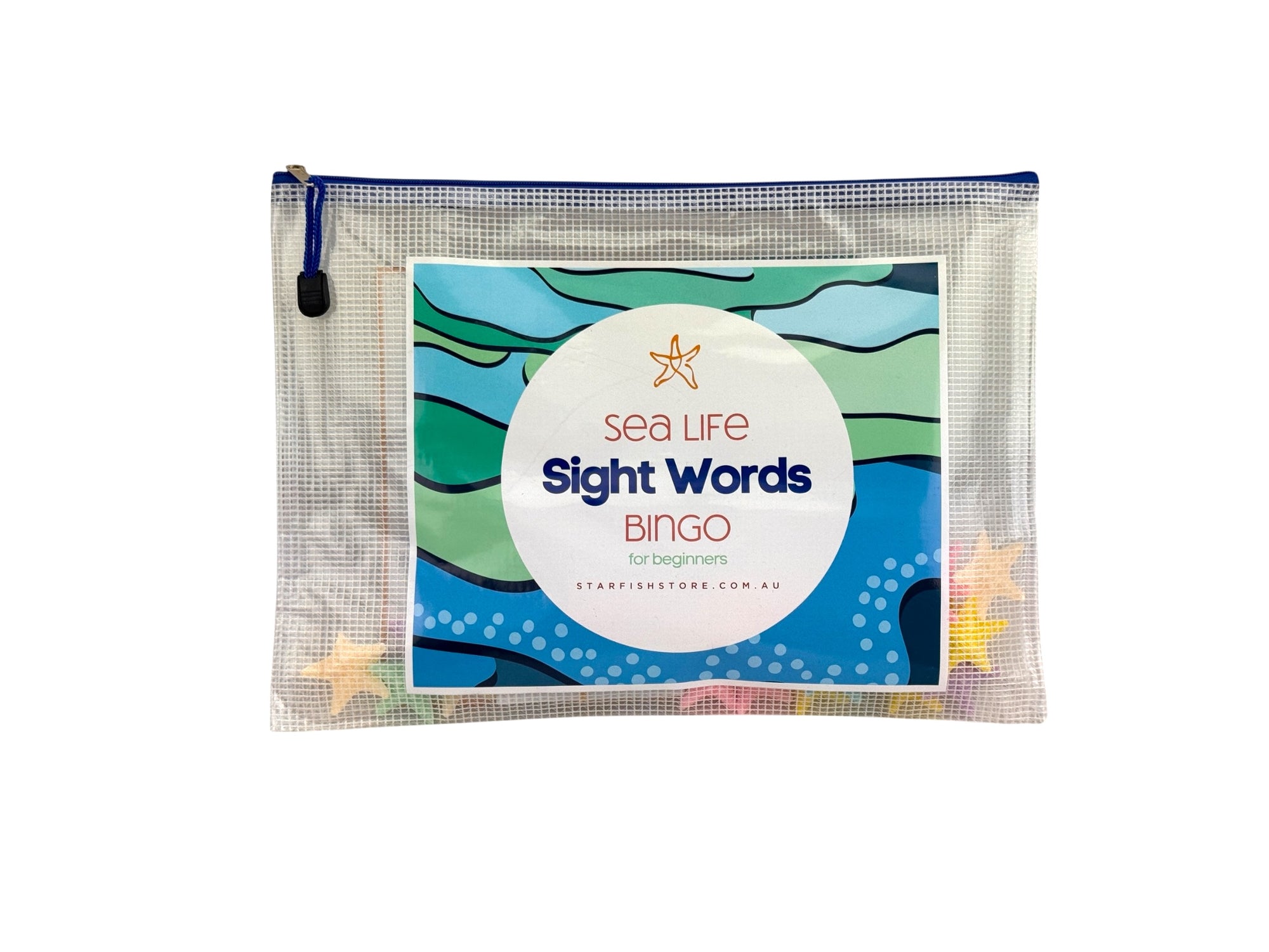 Pouch with 'Starfish Sight Words Bingo' design on a white background