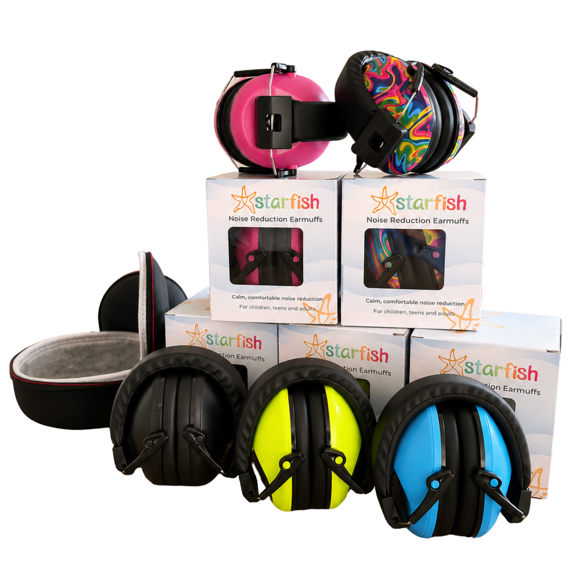 Three pairs of Starfish brand noise reduction earmuffs in pink, neon yellow, and blue, displayed with their colorful packaging boxes on a clean white background.