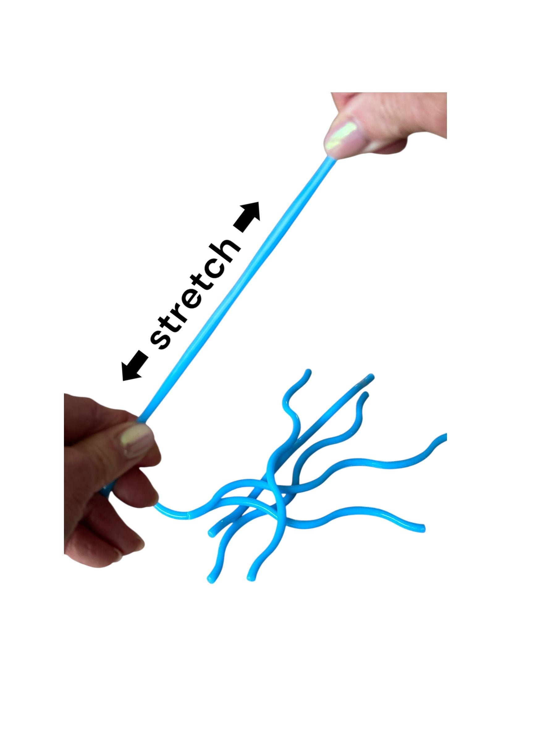 A hand pulling the Pullie Pal Stretchy Noodles 