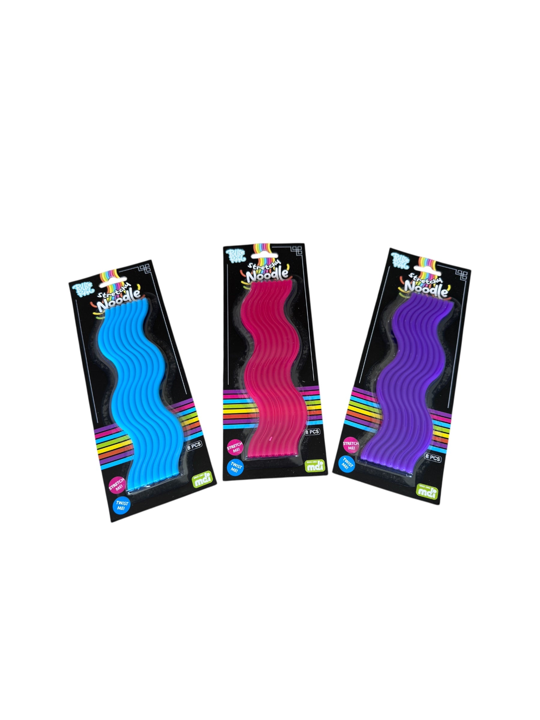 The blue, red and purple Pullie Pal Stretchy Noodles pictured on a white background