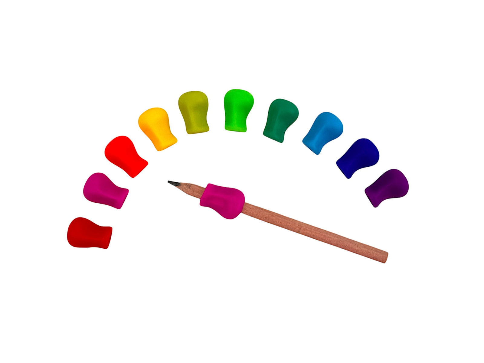 Colourful TPG Pencil Grips arranged in a circle with a pencil in the centre on a white background