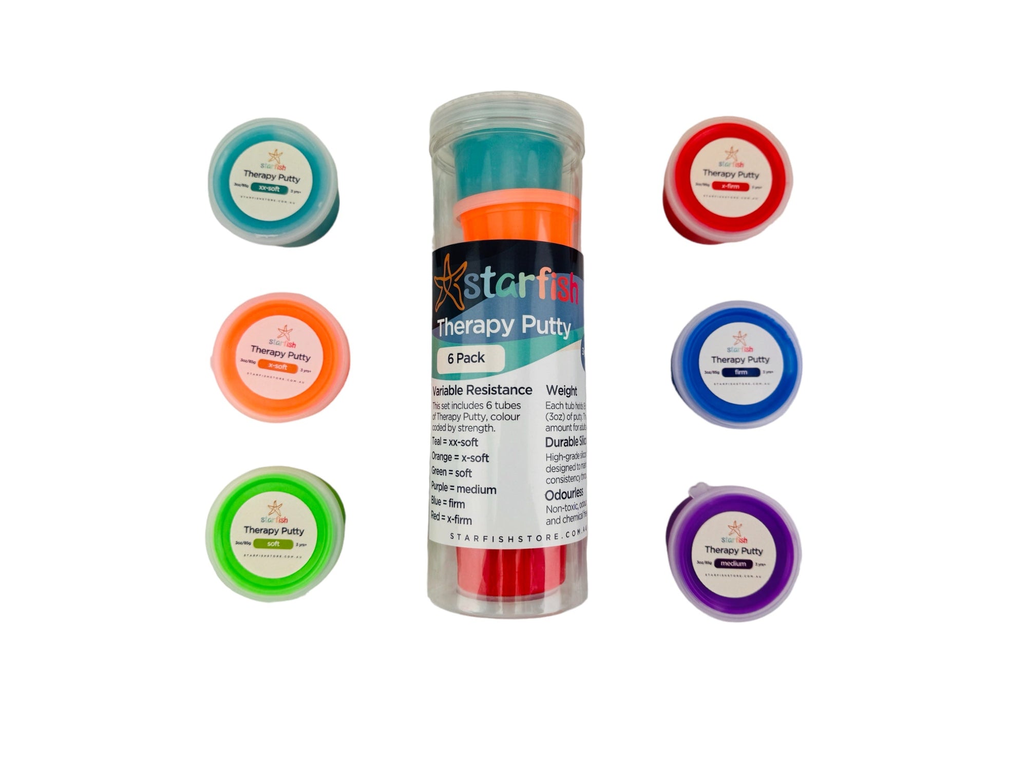 A 6-pack of Starfin Therapy Putty in a clear plastic tube, surrounded by six small round containers of different colored putty on a white background.
