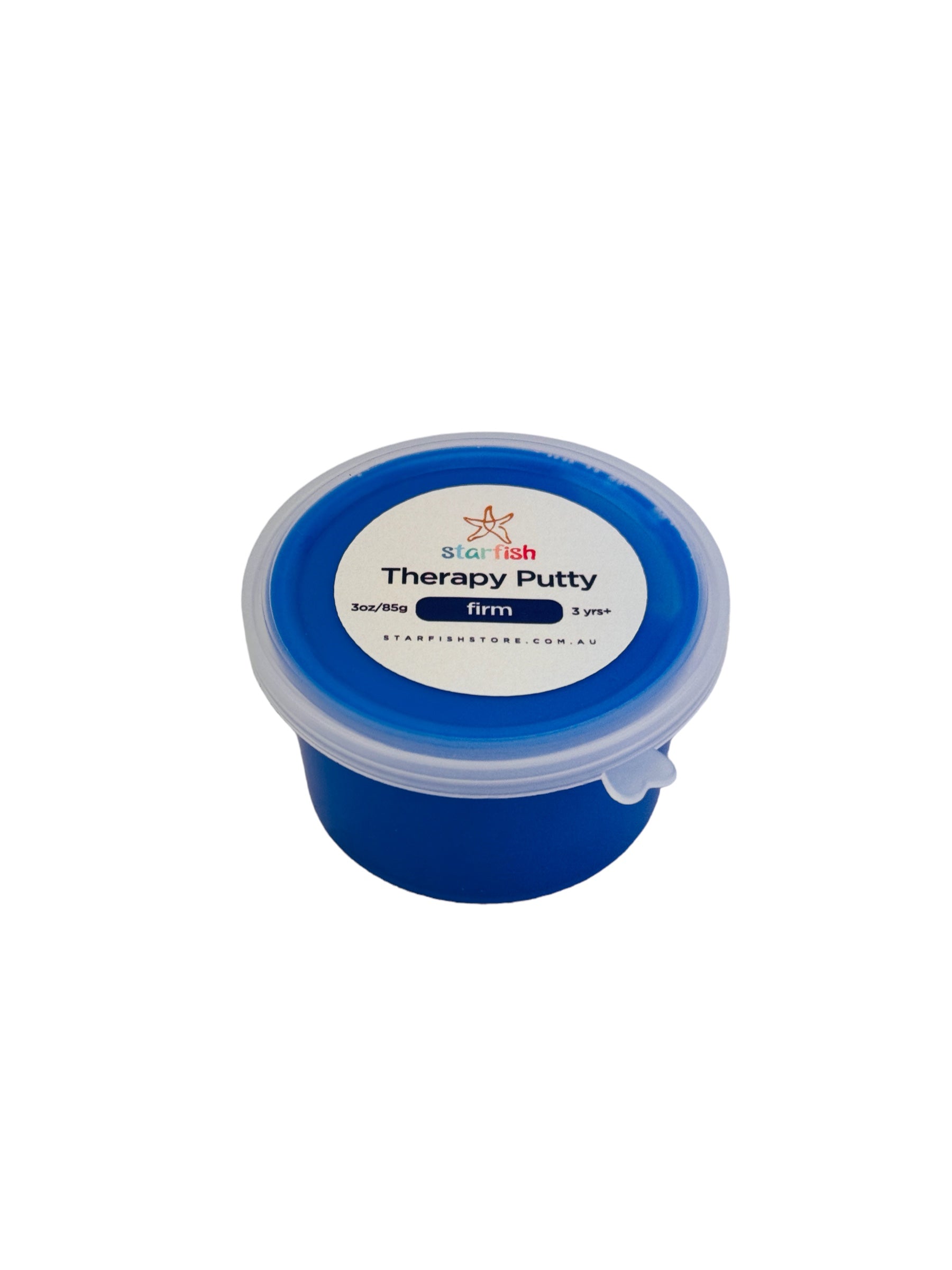 A small round plastic tub of blue Therapy Putty with a clear lid and a white label reading 'Therapy Putty firm' on a plain white background.