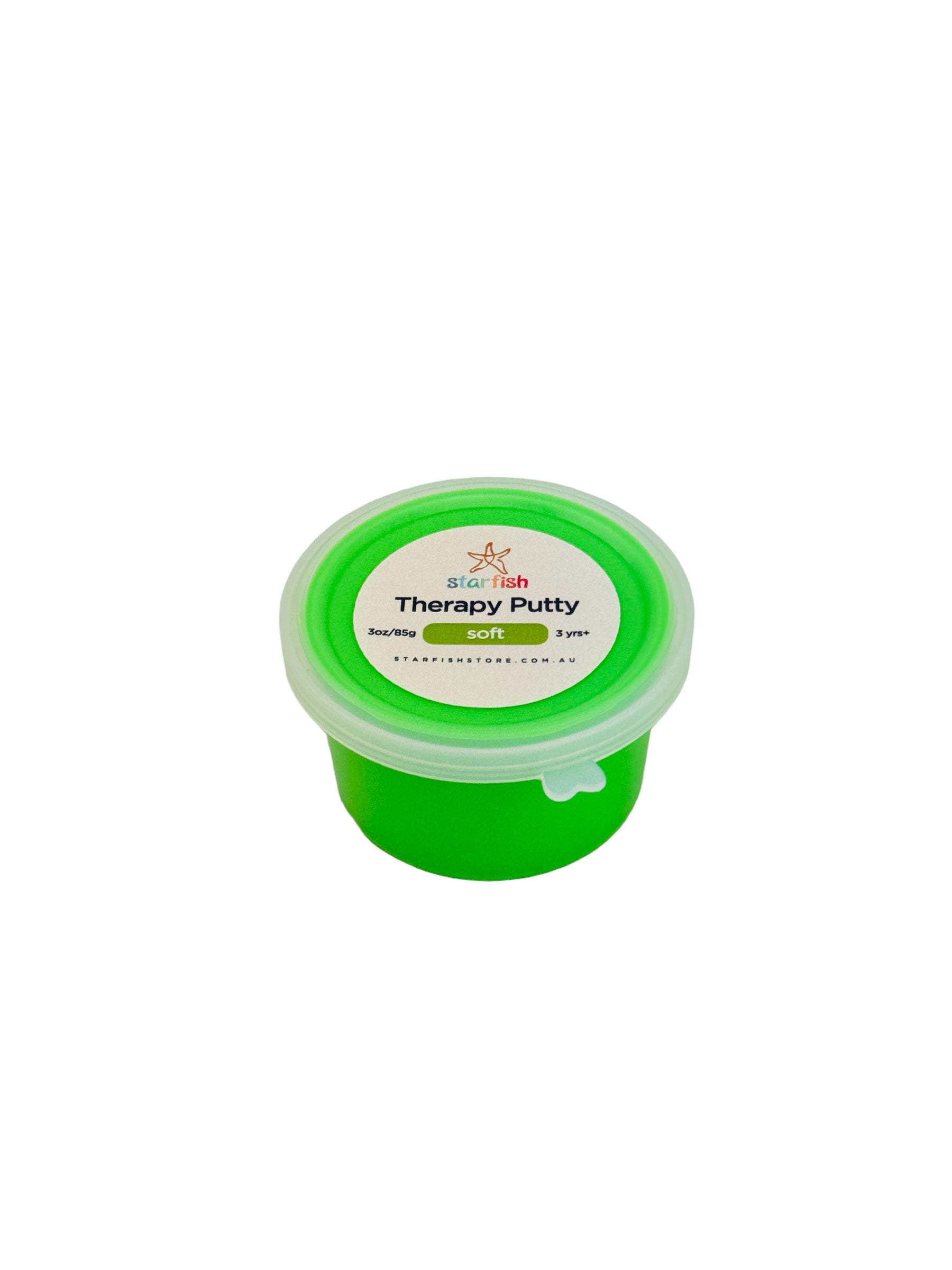 A small round plastic tub of bright green therapy putty with a clear lid and a white label reading 'Therapy Putty' on a plain white background.
