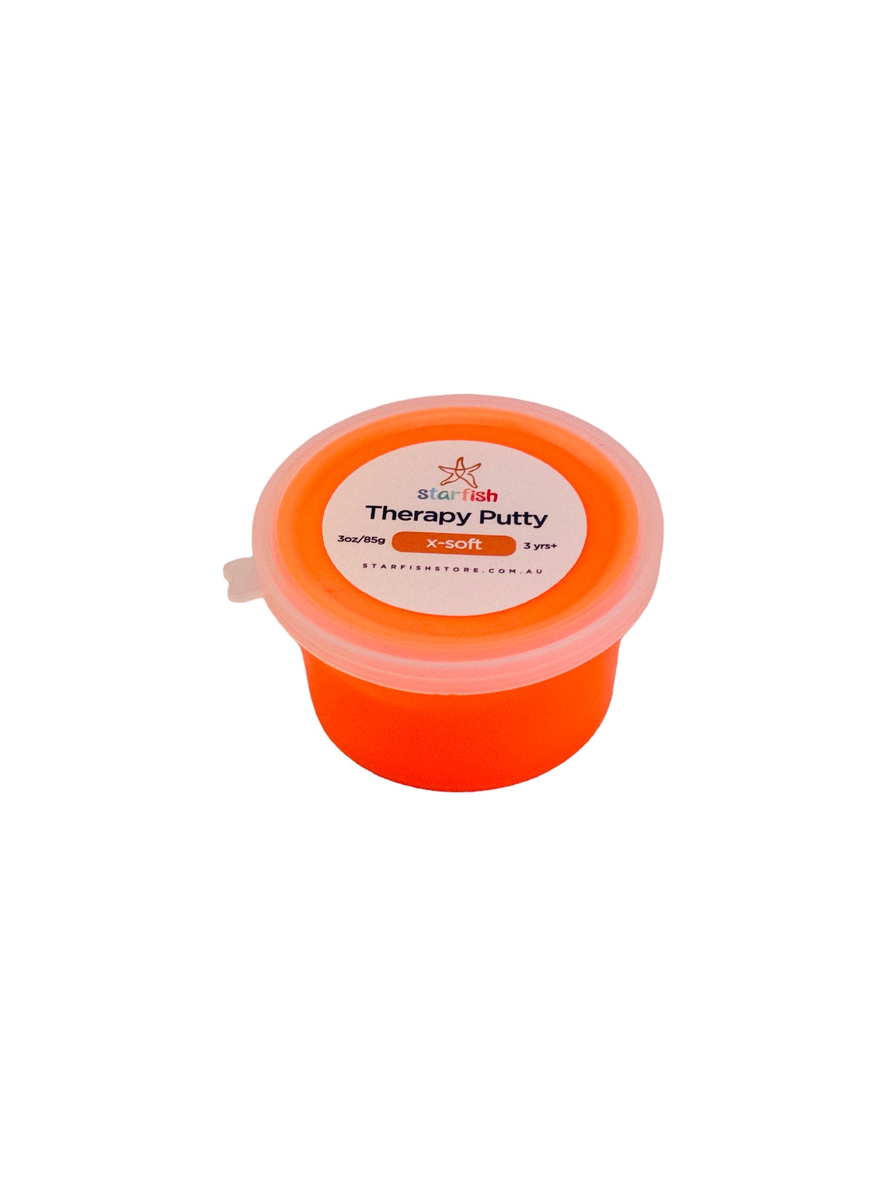 An orange plastic tub of Starfish Therapy Putty with a white and red label, set against a plain white background.