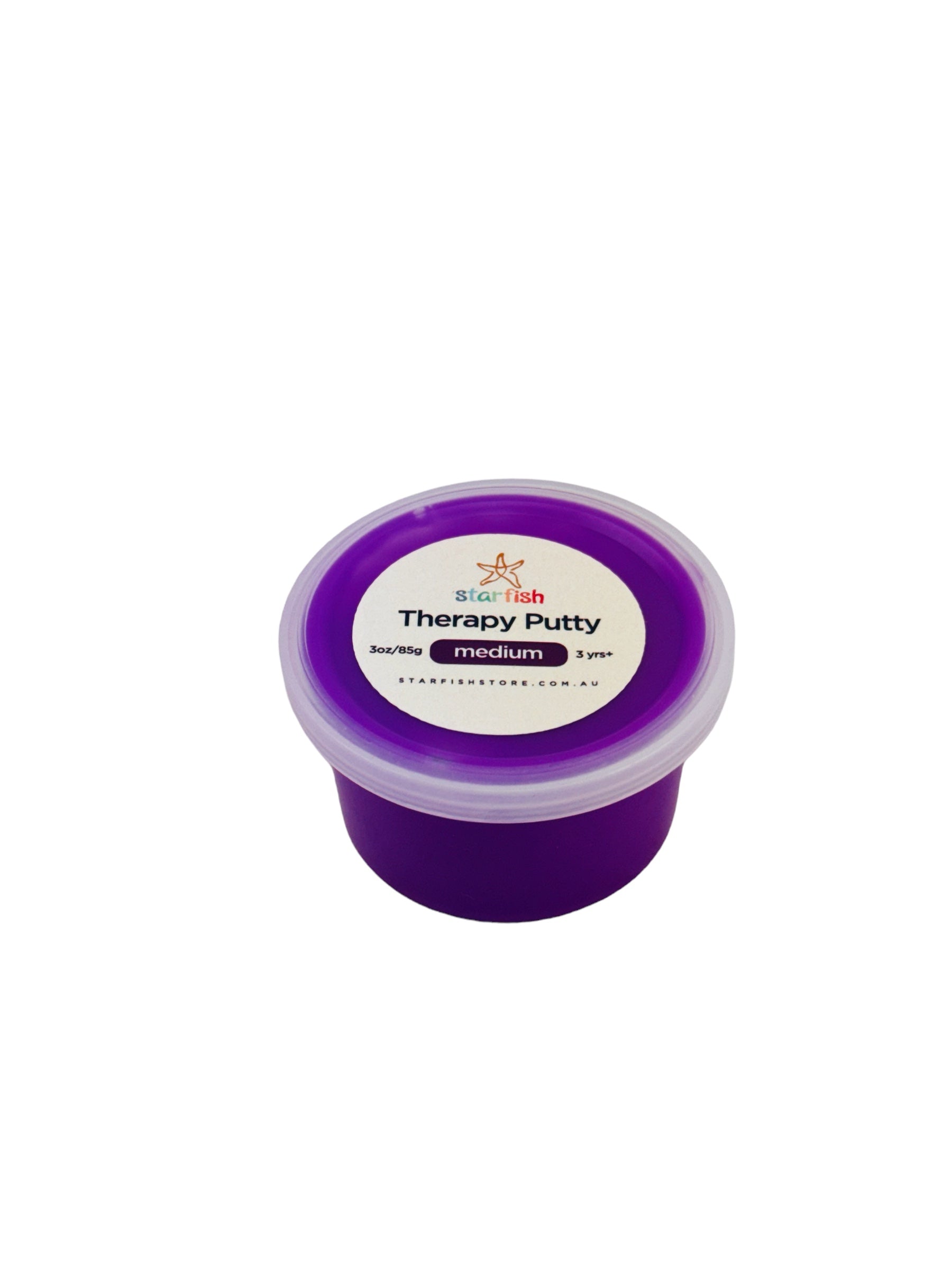 A small round plastic tub of purple therapy putty with a white label on a plain white background.