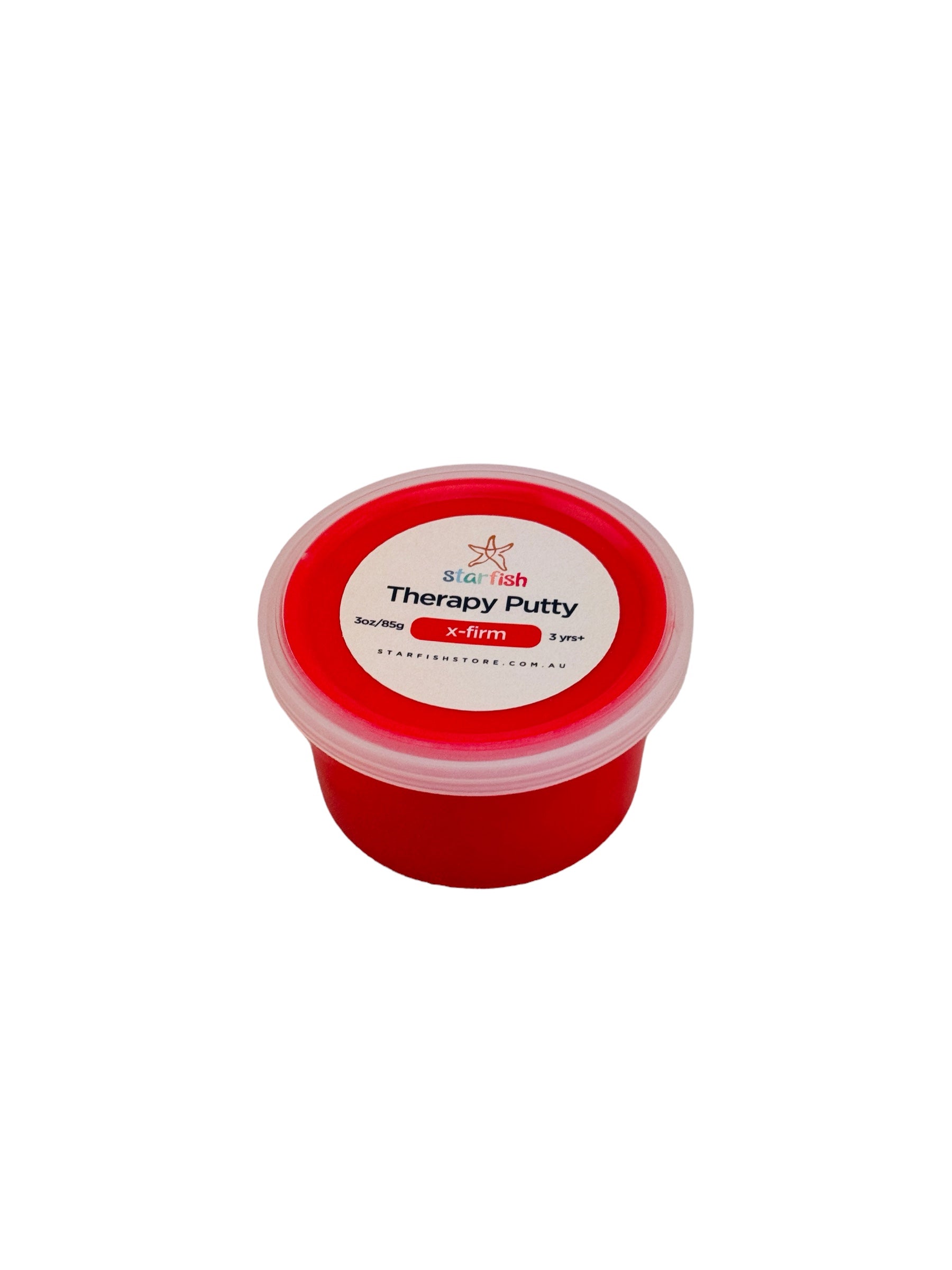 A small round plastic tub of red therapy putty with a clear lid and a white label reading 'X-Firm Therapy Putty' and 'Red'.